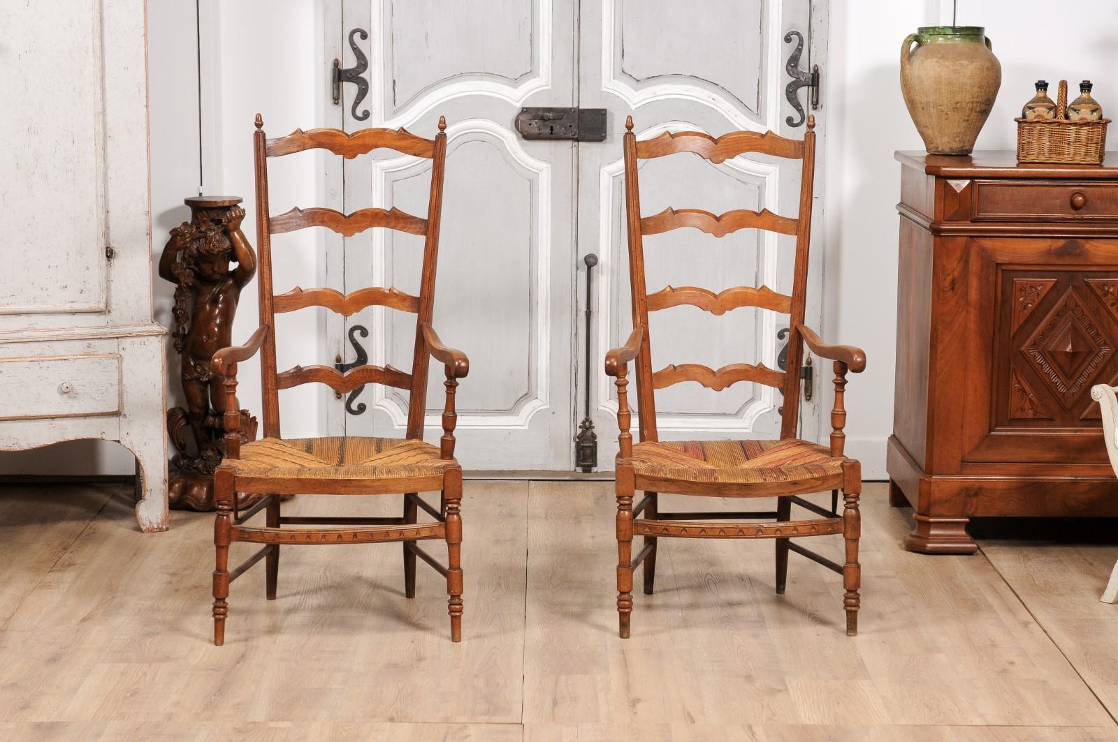 French 1890s Fruitwood Ladder Back Chairs with Straw Seats and Turned Legs In Good Condition For Sale In Atlanta, GA