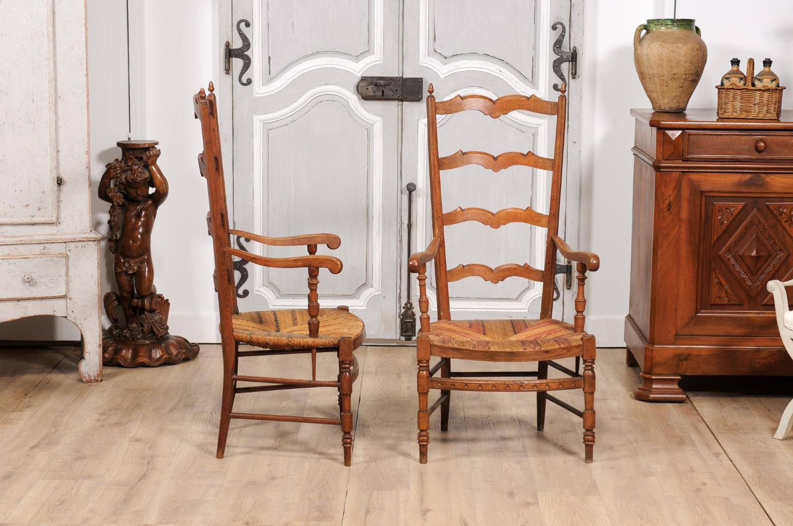 19th Century French 1890s Fruitwood Ladder Back Chairs with Straw Seats and Turned Legs For Sale