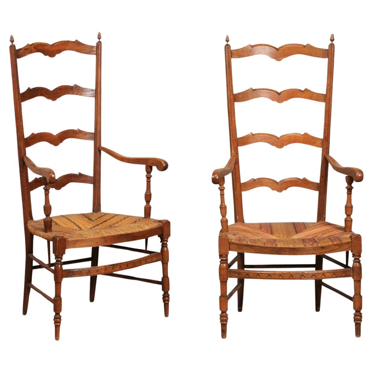 French 1890s Fruitwood Ladder Back Chairs with Straw Seats and Turned Legs For Sale