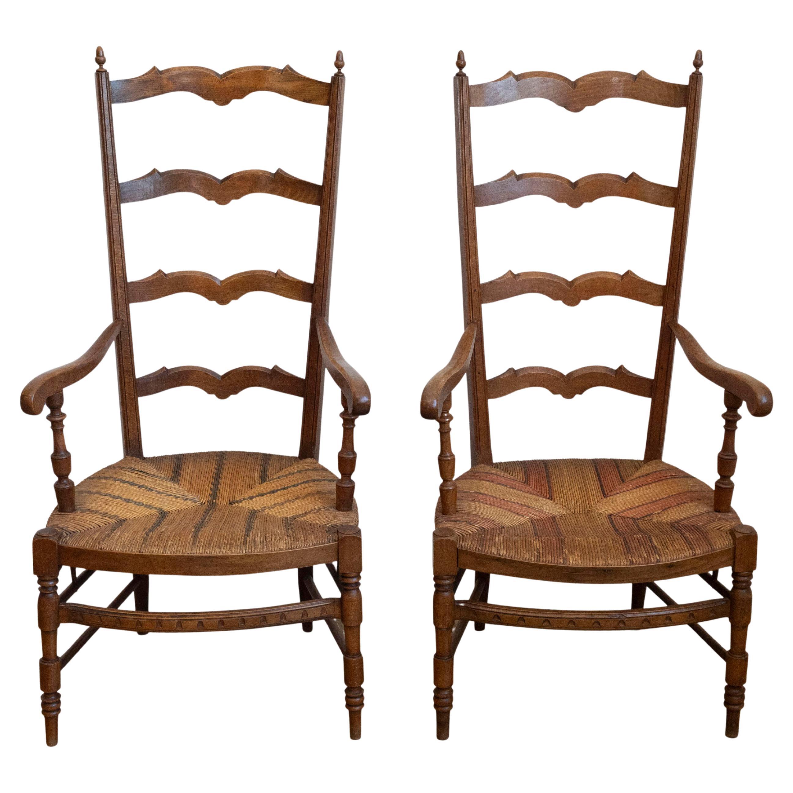 French 1890s Fruitwood Ladder Back Chairs with Straw Seats and Turned Legs