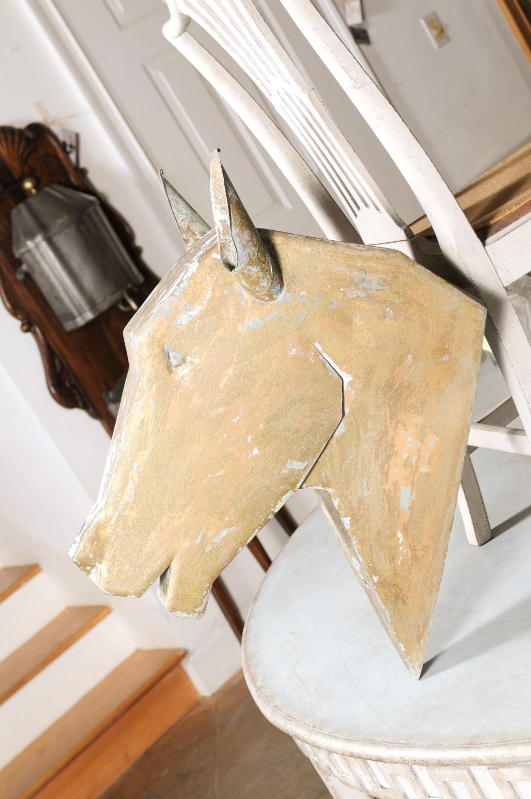 19th Century French 1890s Gilded Zinc Horse Head Sculpture with Angular Traits and Patina For Sale