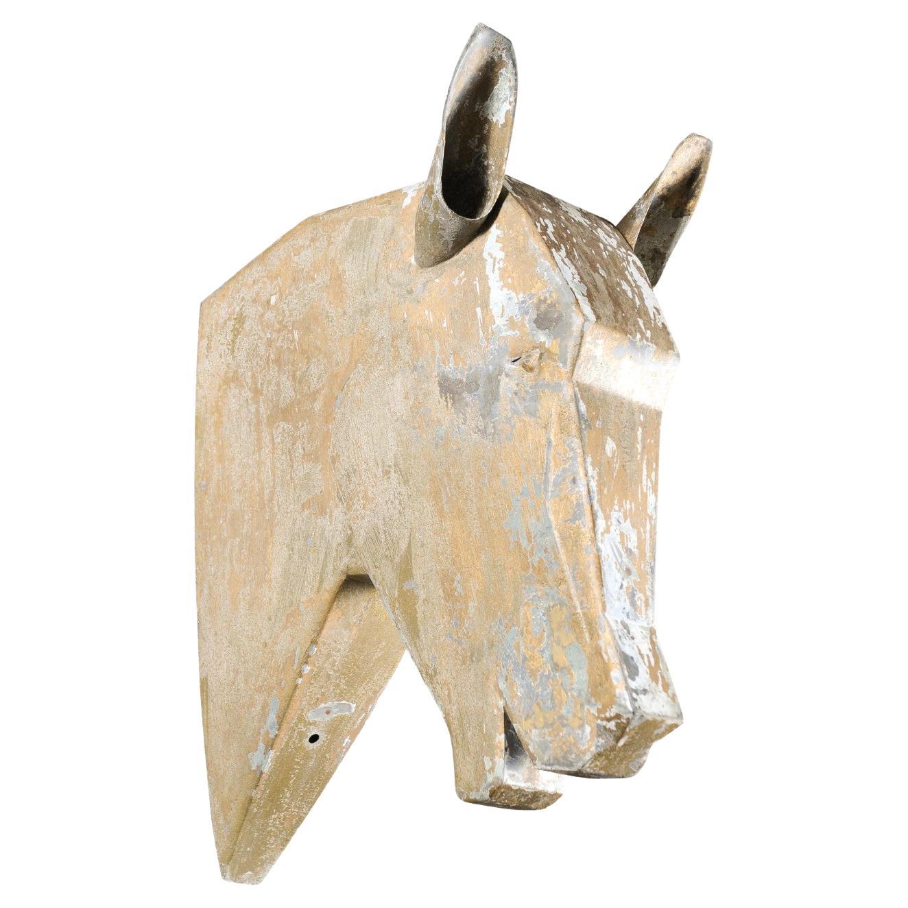 French 1890s Gilded Zinc Horse Head Sculpture with Angular Traits and Patina For Sale