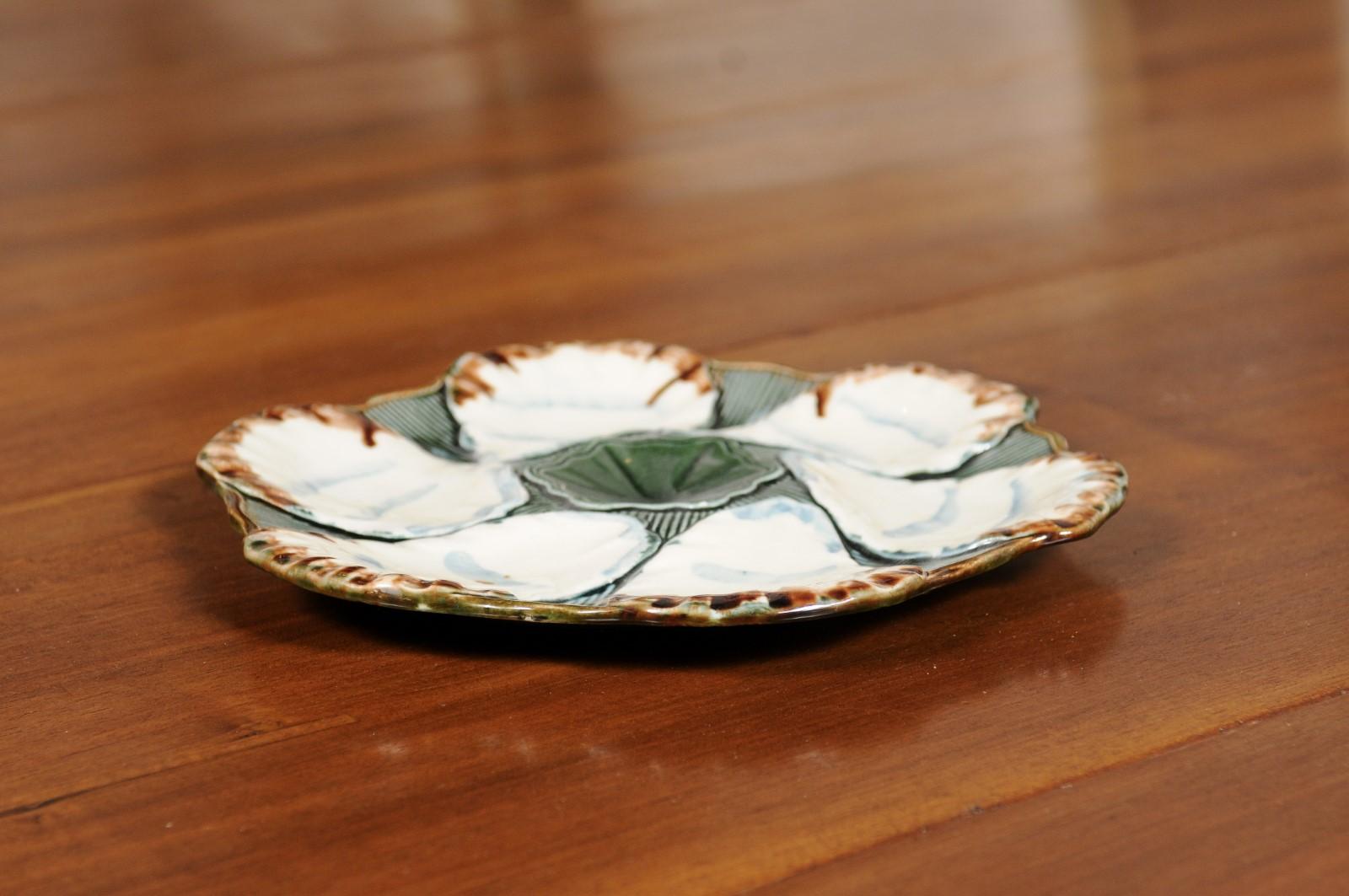 French 1890s Glazed Majolica Longchamp Terre de Fer Oyster Plate with Flower 4