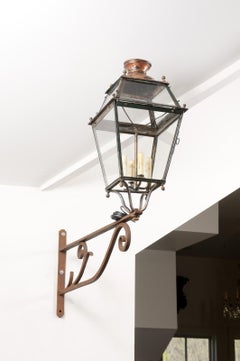 French 1890s Iron and Copper Wall Lantern with Four Lights and Scrolling Bracket