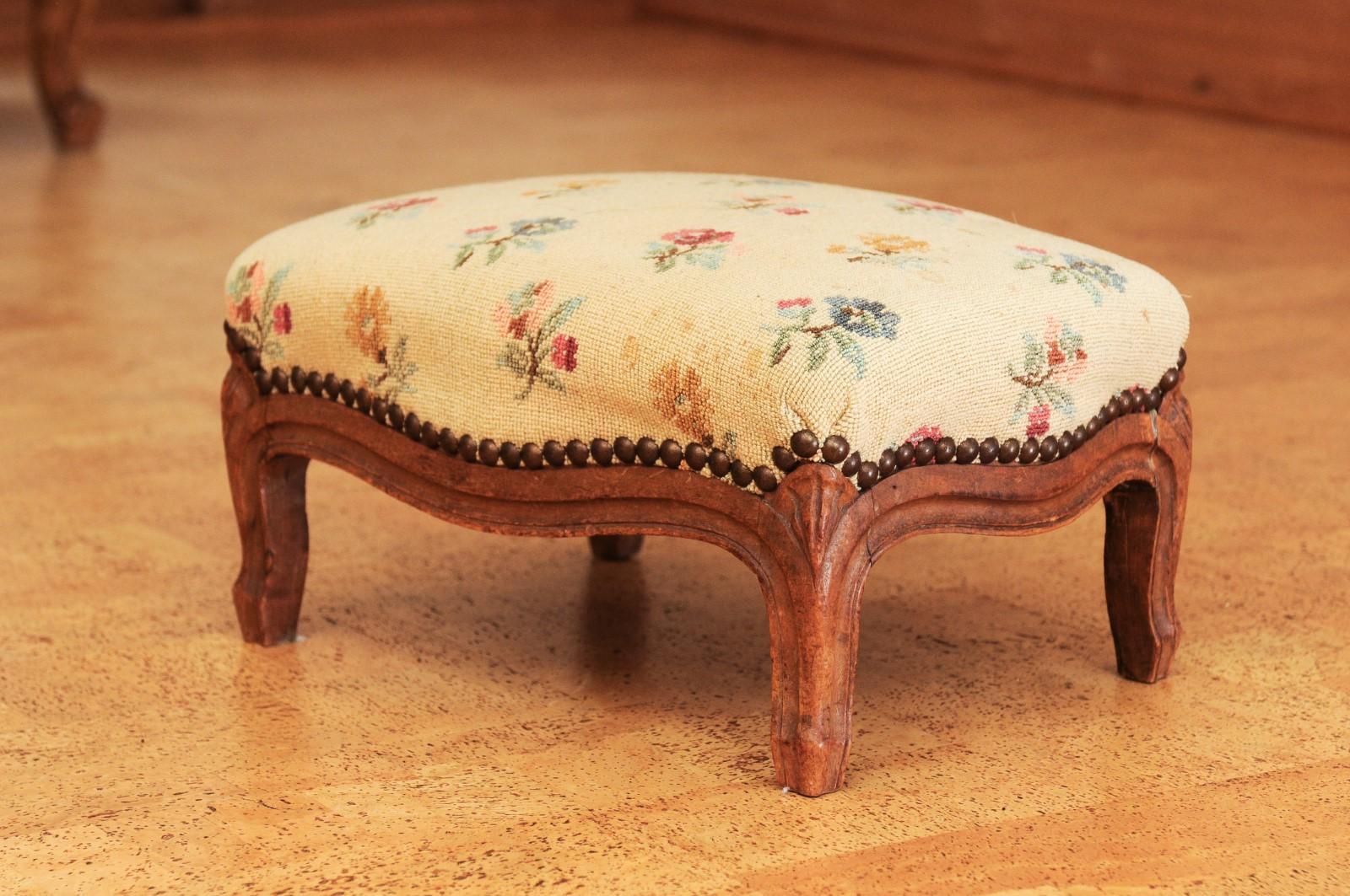 French 1890s Louis XV Style Walnut Footstool with Antique Needlework Tapestry 2