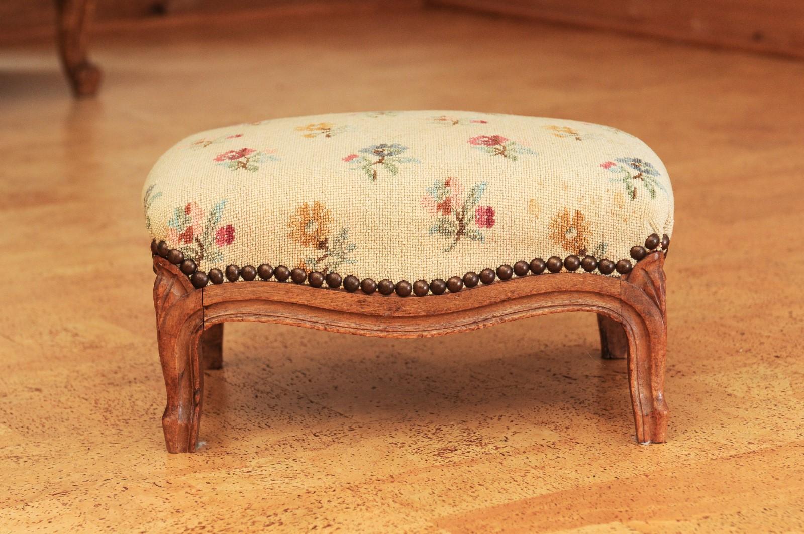 French 1890s Louis XV Style Walnut Footstool with Antique Needlework Tapestry 3