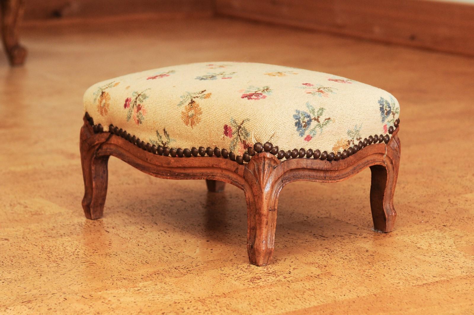 Needlepoint French 1890s Louis XV Style Walnut Footstool with Antique Needlework Tapestry