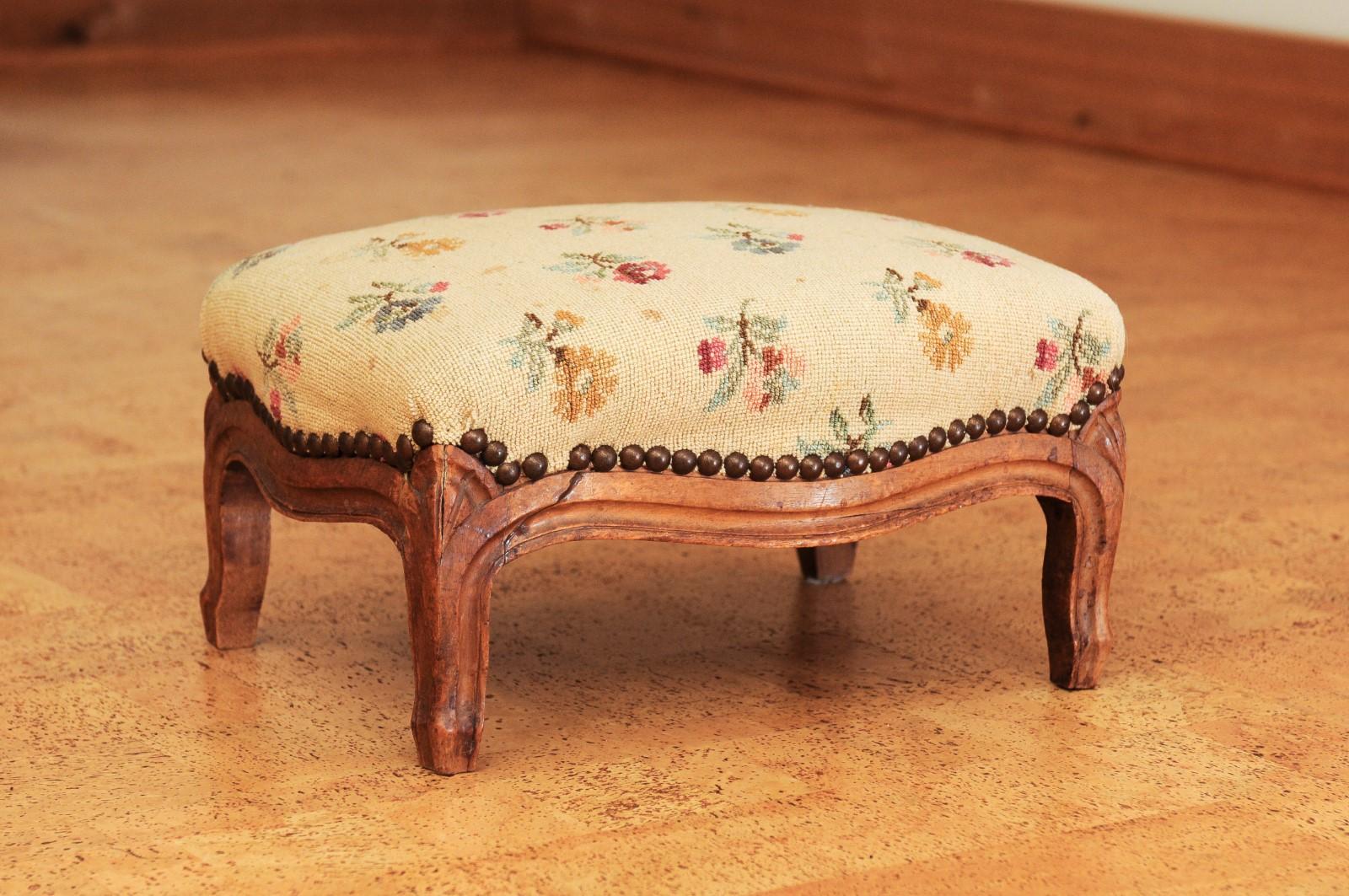 19th Century French 1890s Louis XV Style Walnut Footstool with Antique Needlework Tapestry