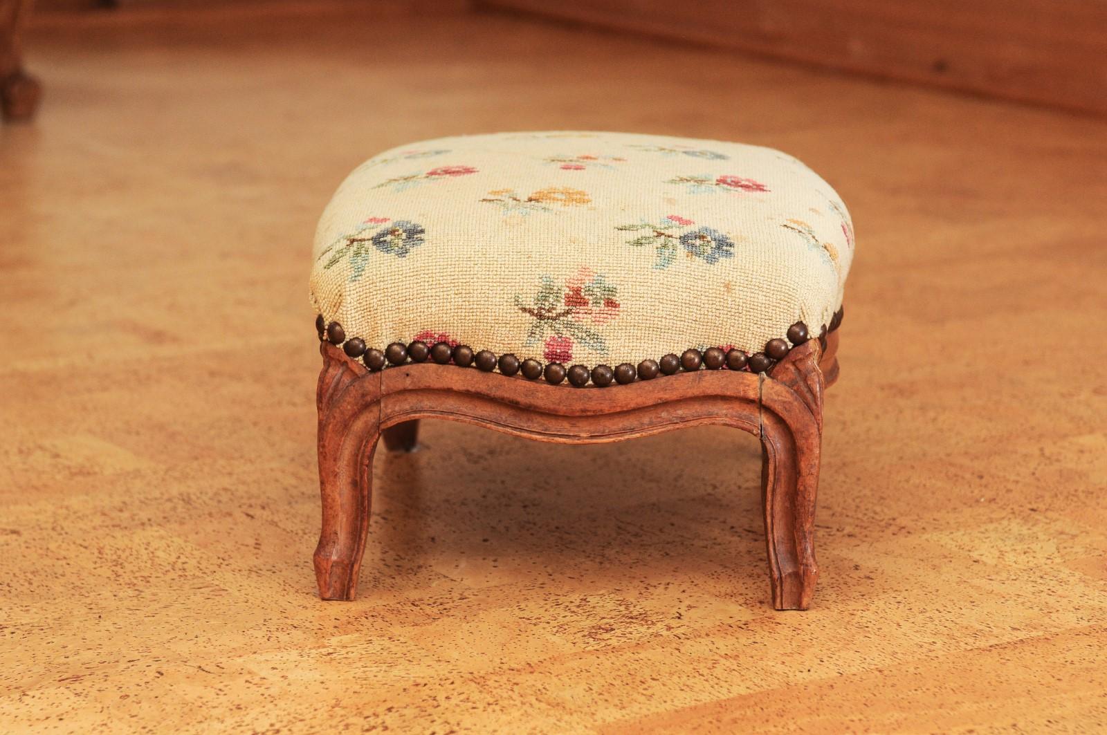 French 1890s Louis XV Style Walnut Footstool with Antique Needlework Tapestry 1