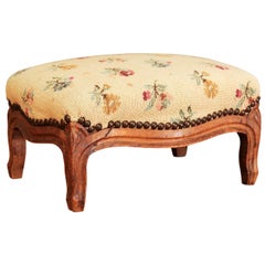 French 1890s Louis XV Style Walnut Footstool with Antique Needlework Tapestry