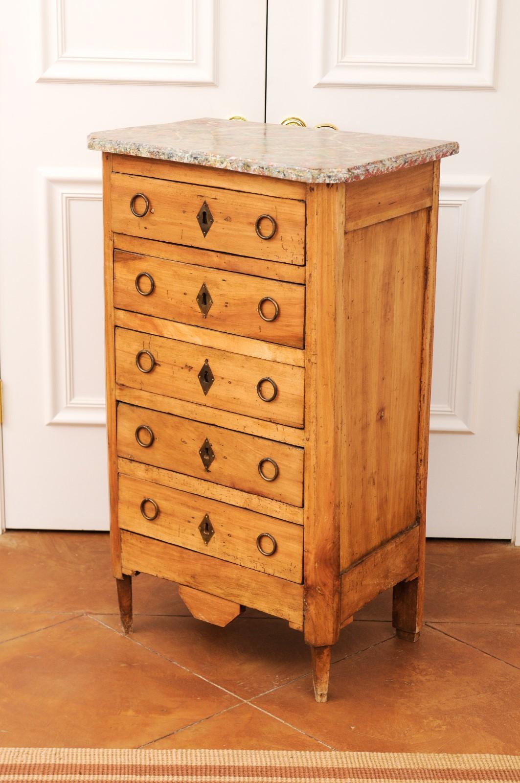 French 1890s Neoclassical Style Five Drawer Lingerie Chest with Faux Marble Top 9