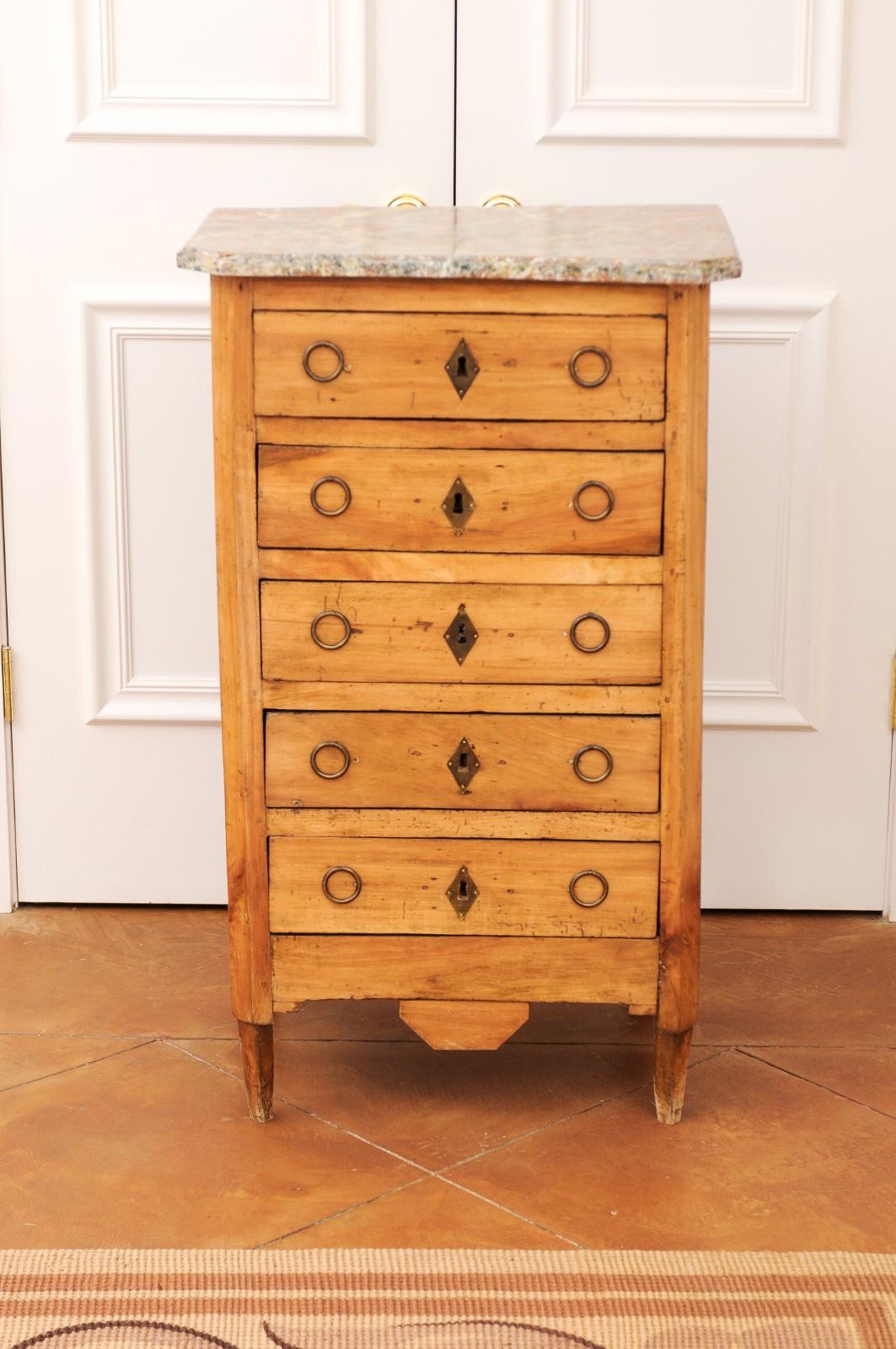 French 1890s Neoclassical Style Five Drawer Lingerie Chest with Faux Marble Top 10