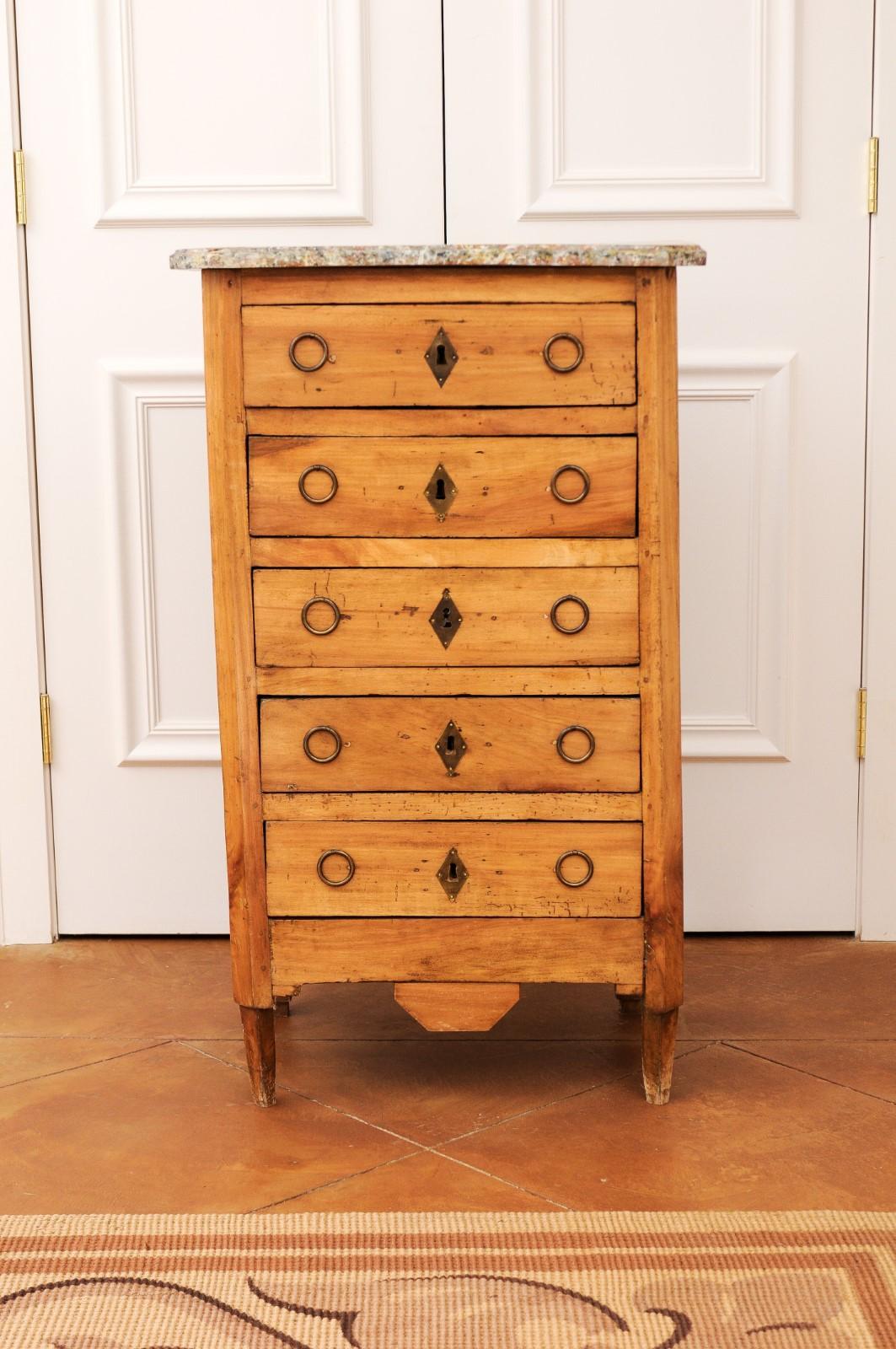 French 1890s Neoclassical Style Five Drawer Lingerie Chest with Faux Marble Top 11