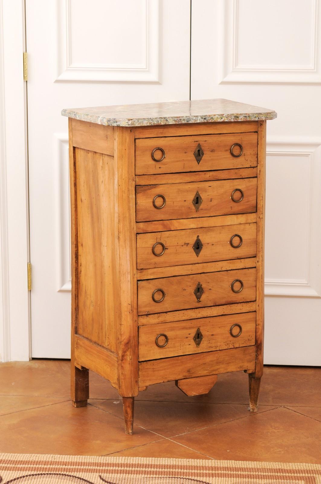 Painted French 1890s Neoclassical Style Five Drawer Lingerie Chest with Faux Marble Top