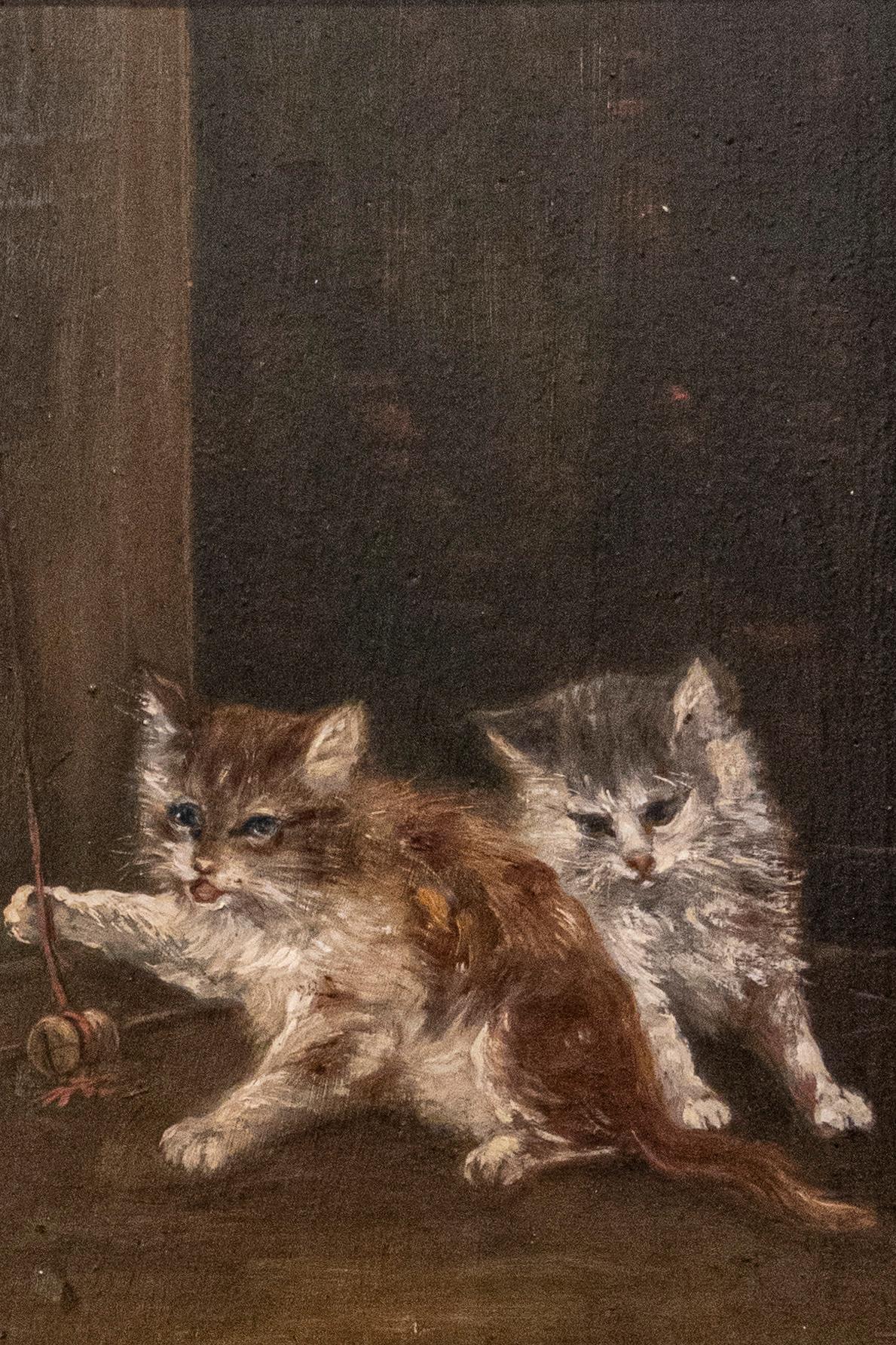 French 1890s Oil on Canvas Painting Featuring Playing Kittens in Giltwood Frame In Good Condition For Sale In Atlanta, GA