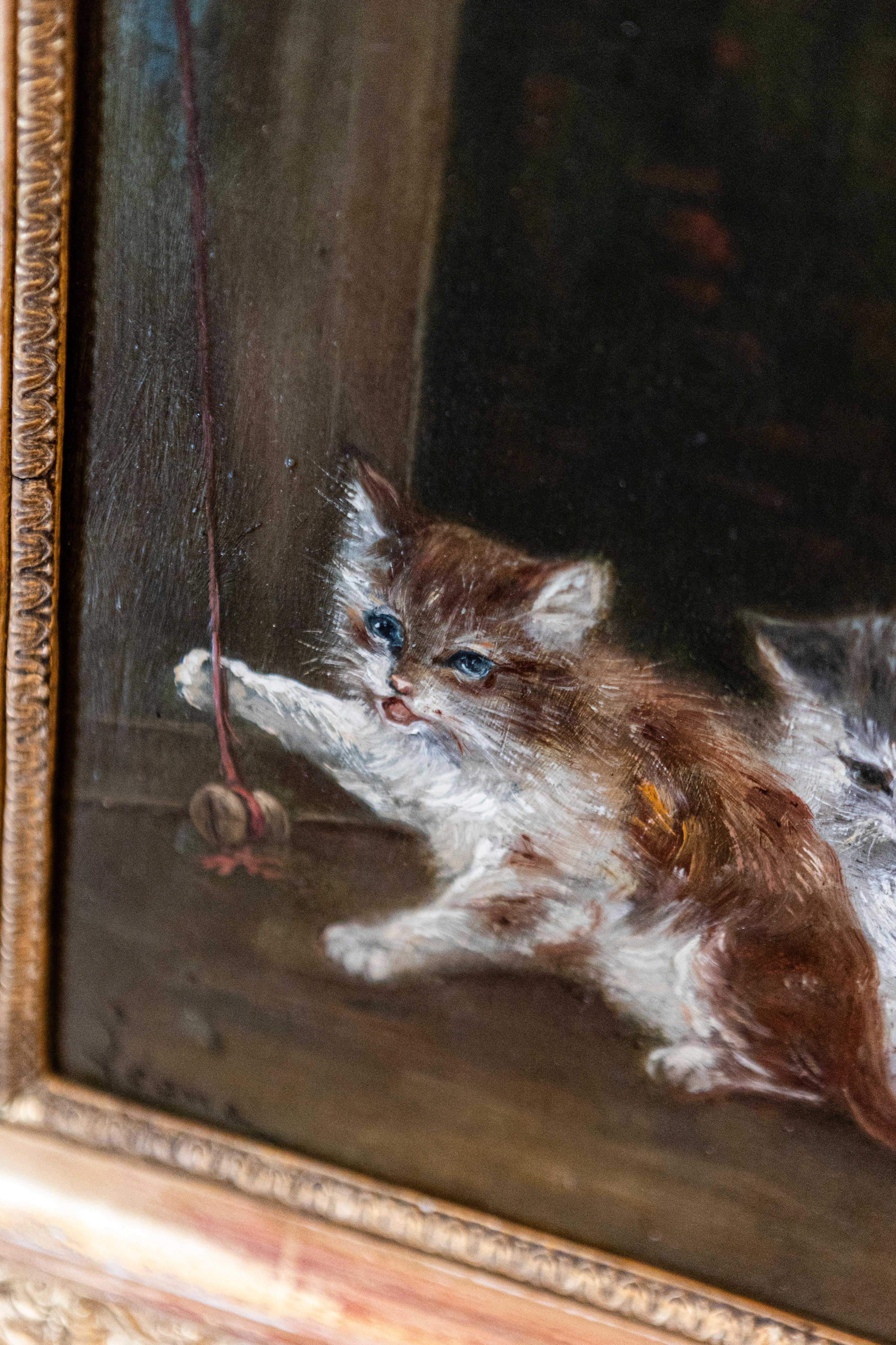 19th Century French 1890s Oil on Canvas Painting Featuring Playing Kittens in Giltwood Frame For Sale