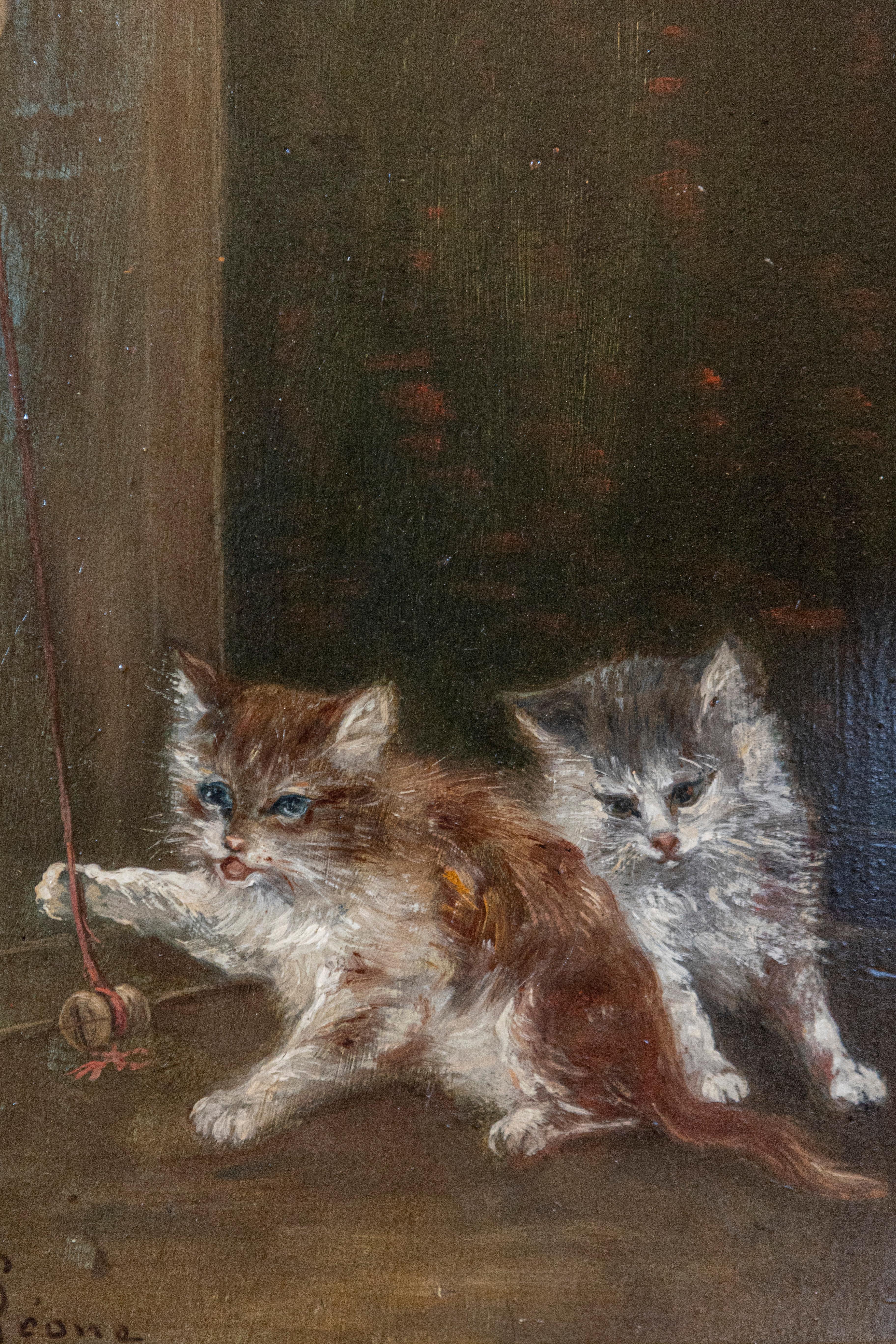 Französisches Gemälde, Öl auf Leinwand, 1890er Jahre, Gemälde mit spielenden Kitten in vergoldetem Holzrahmen im Angebot 2