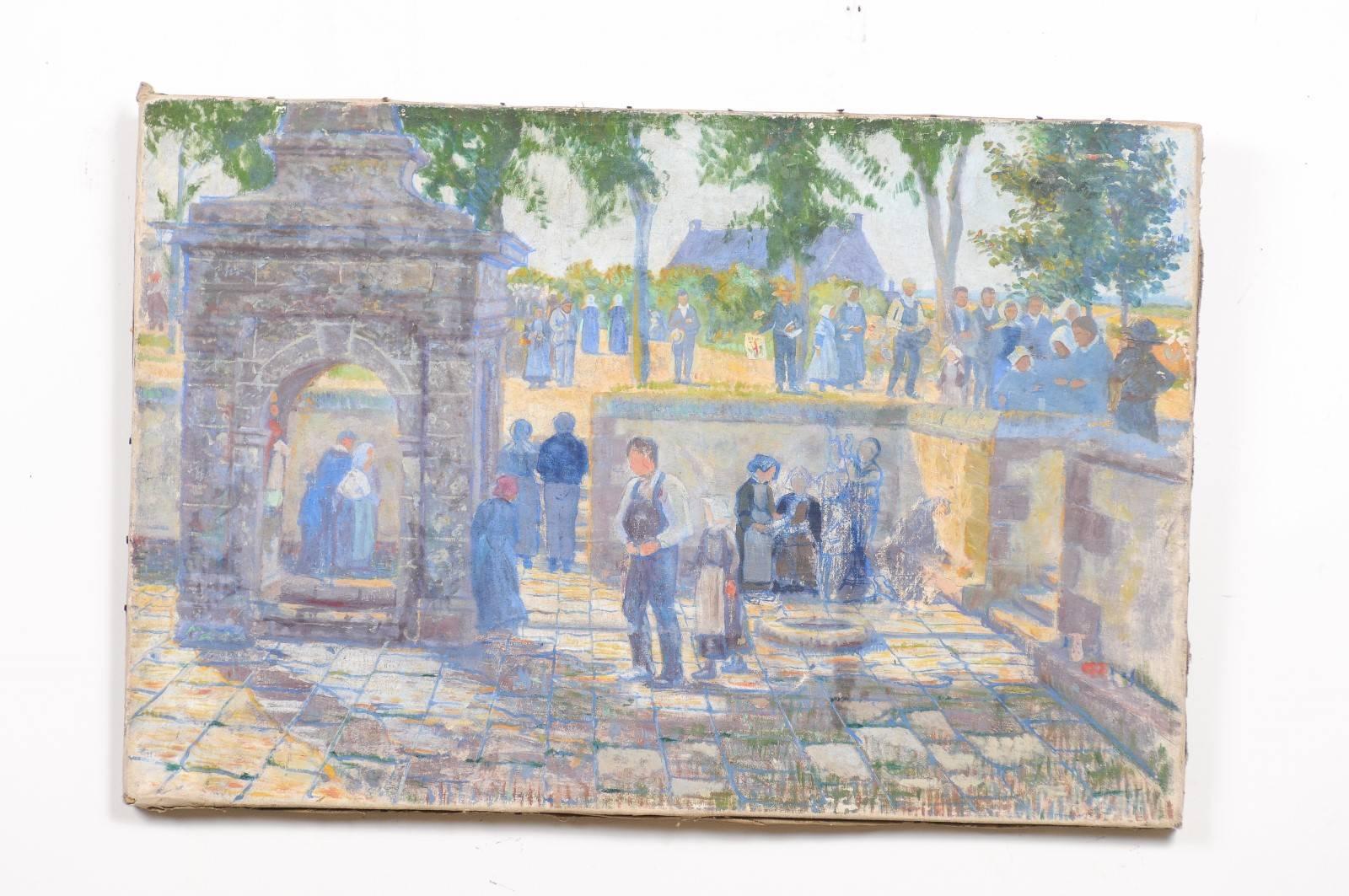 A French late 19th century oil on canvas painting from Aix-en-Provence depicting a social gathering in shades of blue. Born in Southern France during the 1890s, this unframed French horizontal painting depicts a social gathering spread out on two