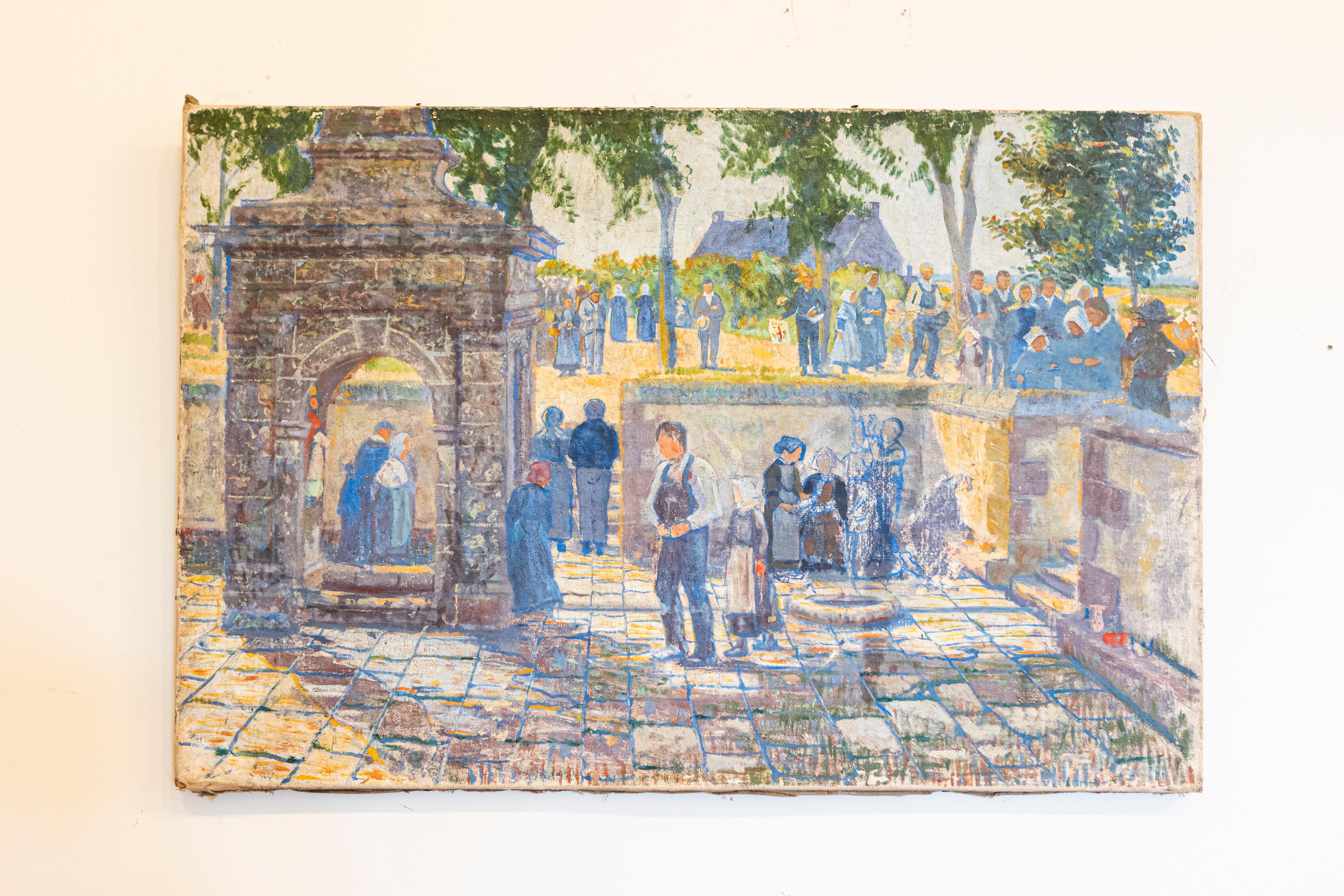 A French late 19th century oil on canvas painting from Aix-en-Provence depicting a social gathering in shades of blue. Born in Southern France during the 1890s, this unframed French horizontal painting depicts a social gathering spread out on two