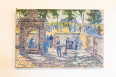 French 1890s Oil Provençal Painting of a Social Gathering in Shades of Blue