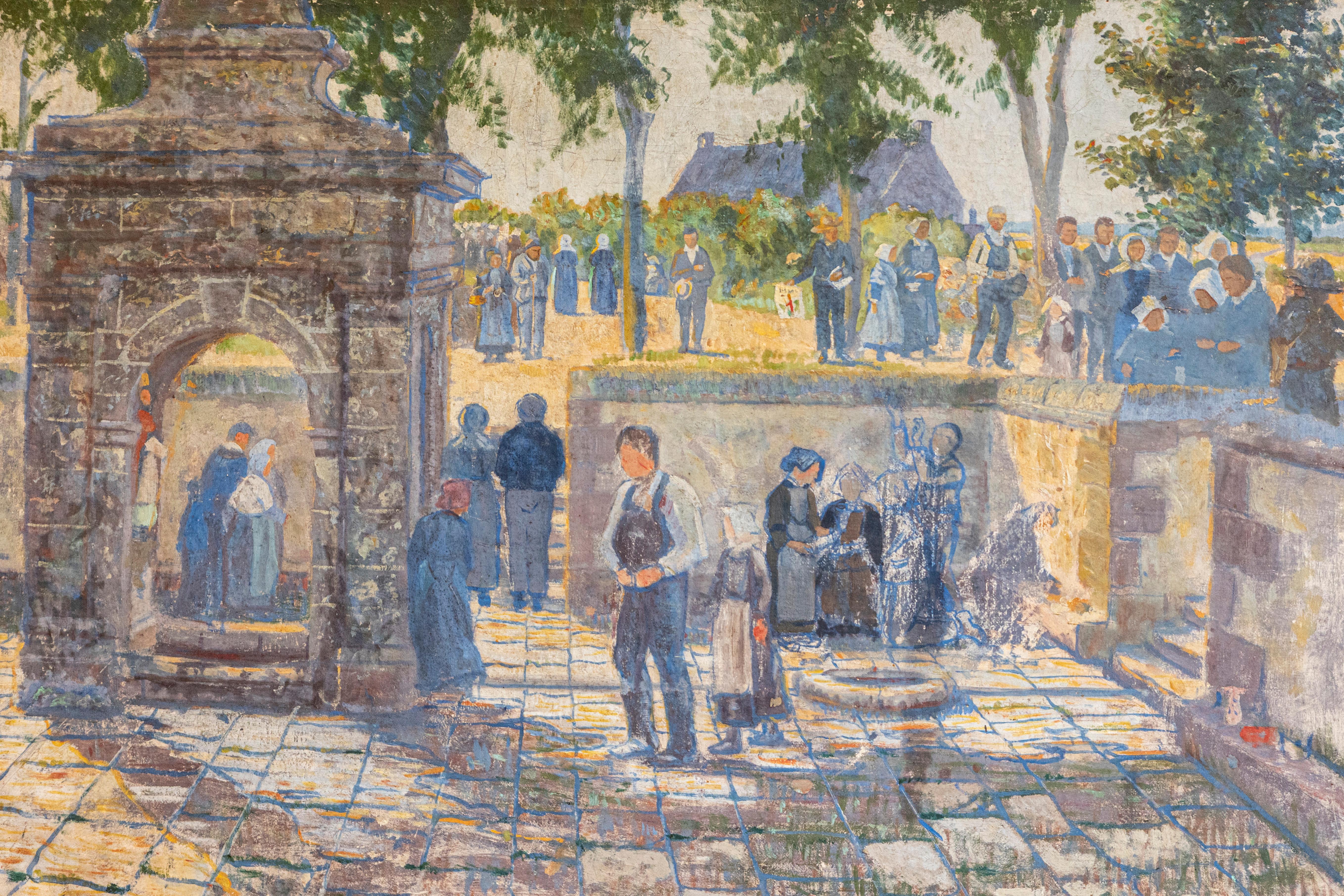 French 1890s Oil Provençal Painting of a Social Gathering in Shades of Blue In Good Condition For Sale In Atlanta, GA