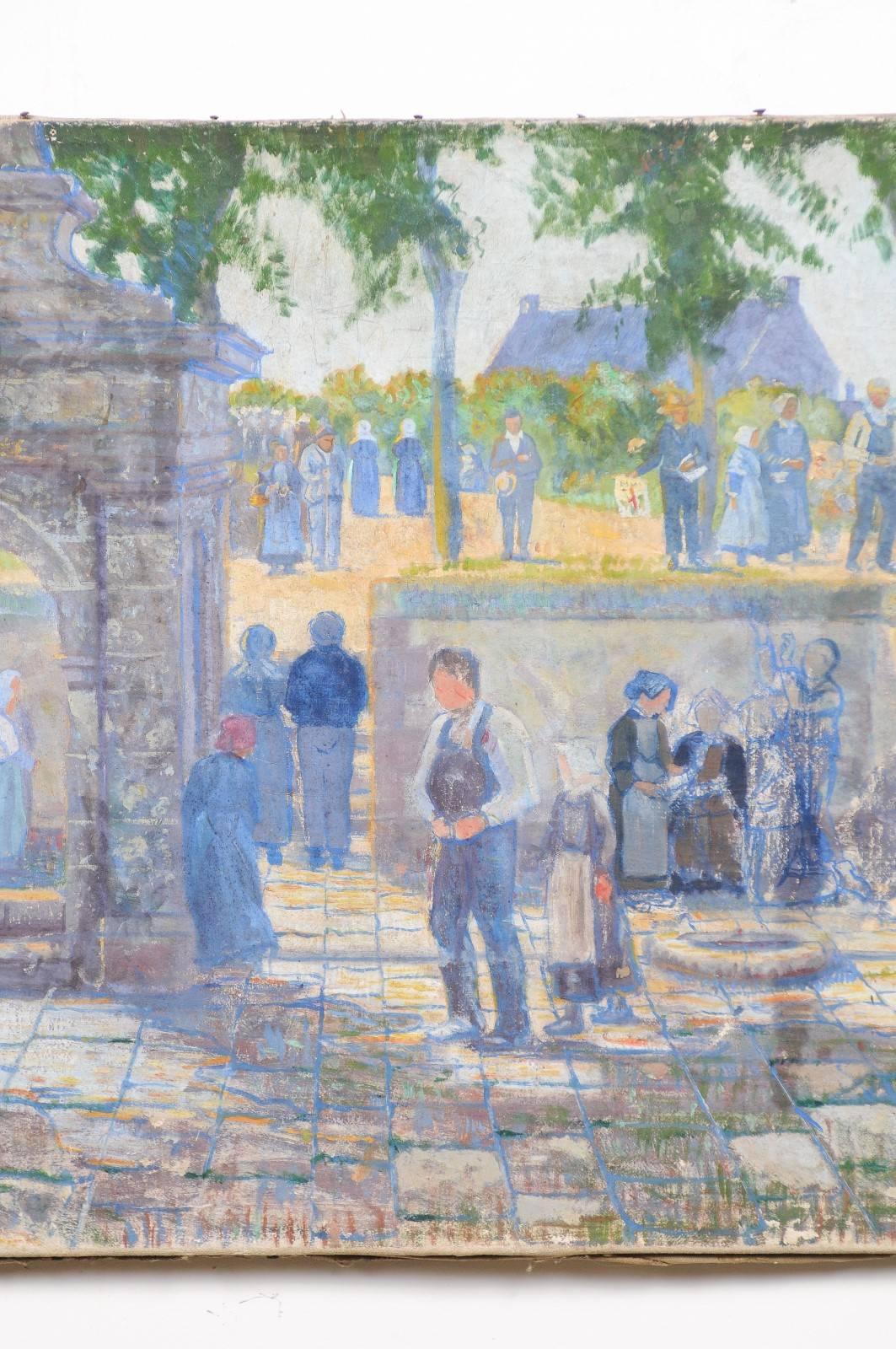 19th Century French 1890s Oil Provençal Painting of a Social Gathering in Shades of Blue