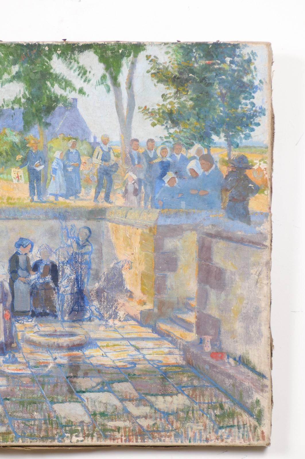 Canvas French 1890s Oil Provençal Painting of a Social Gathering in Shades of Blue