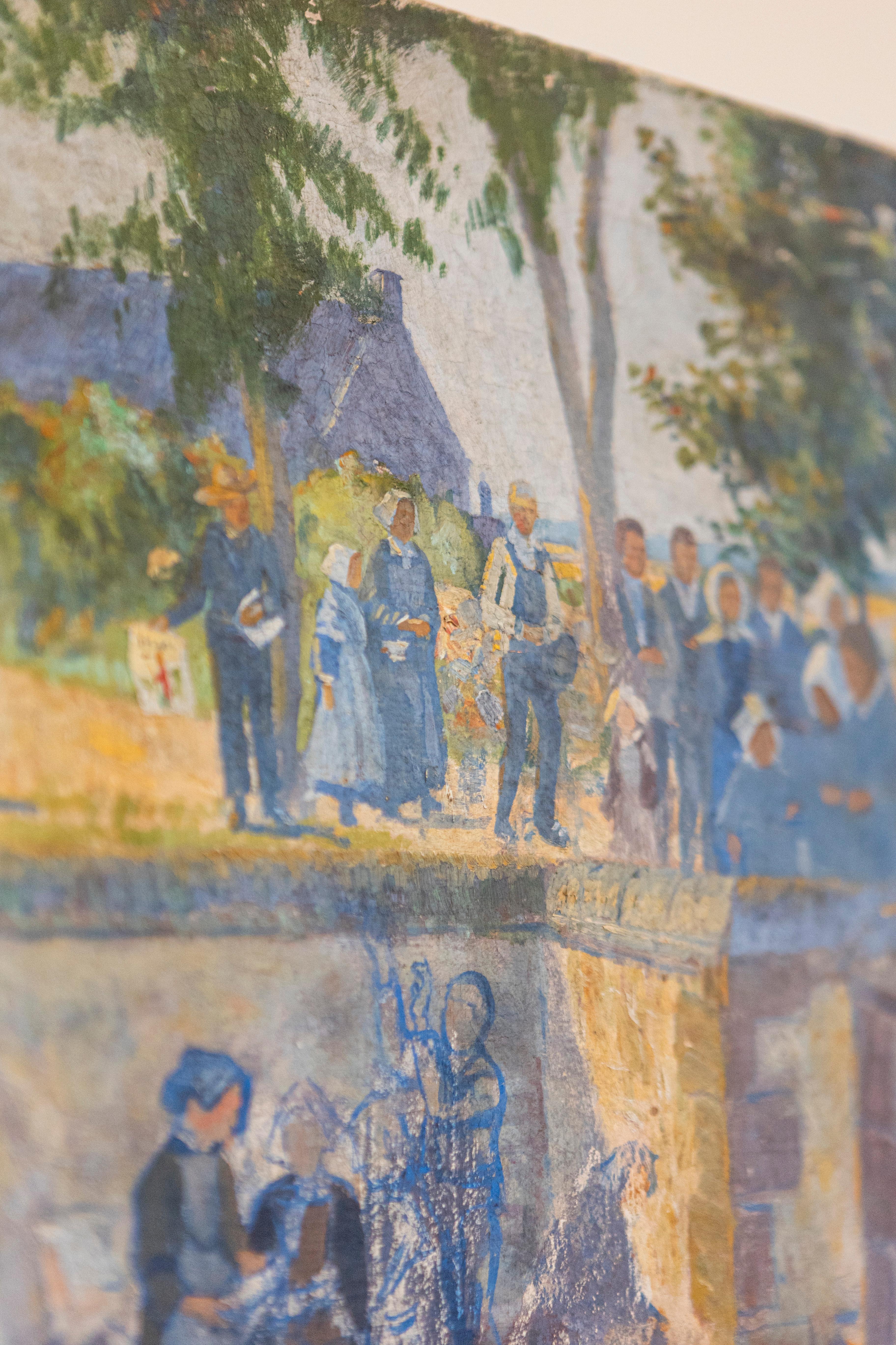 French 1890s Oil Provençal Painting of a Social Gathering in Shades of Blue For Sale 1