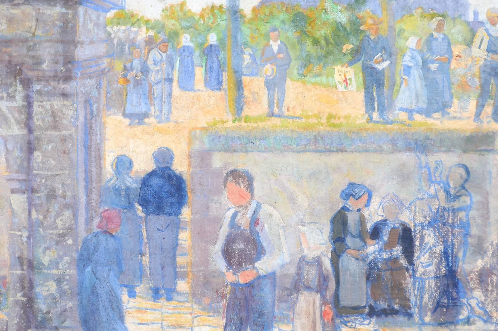 French 1890s Oil Provençal Painting of a Social Gathering in Shades of Blue 1
