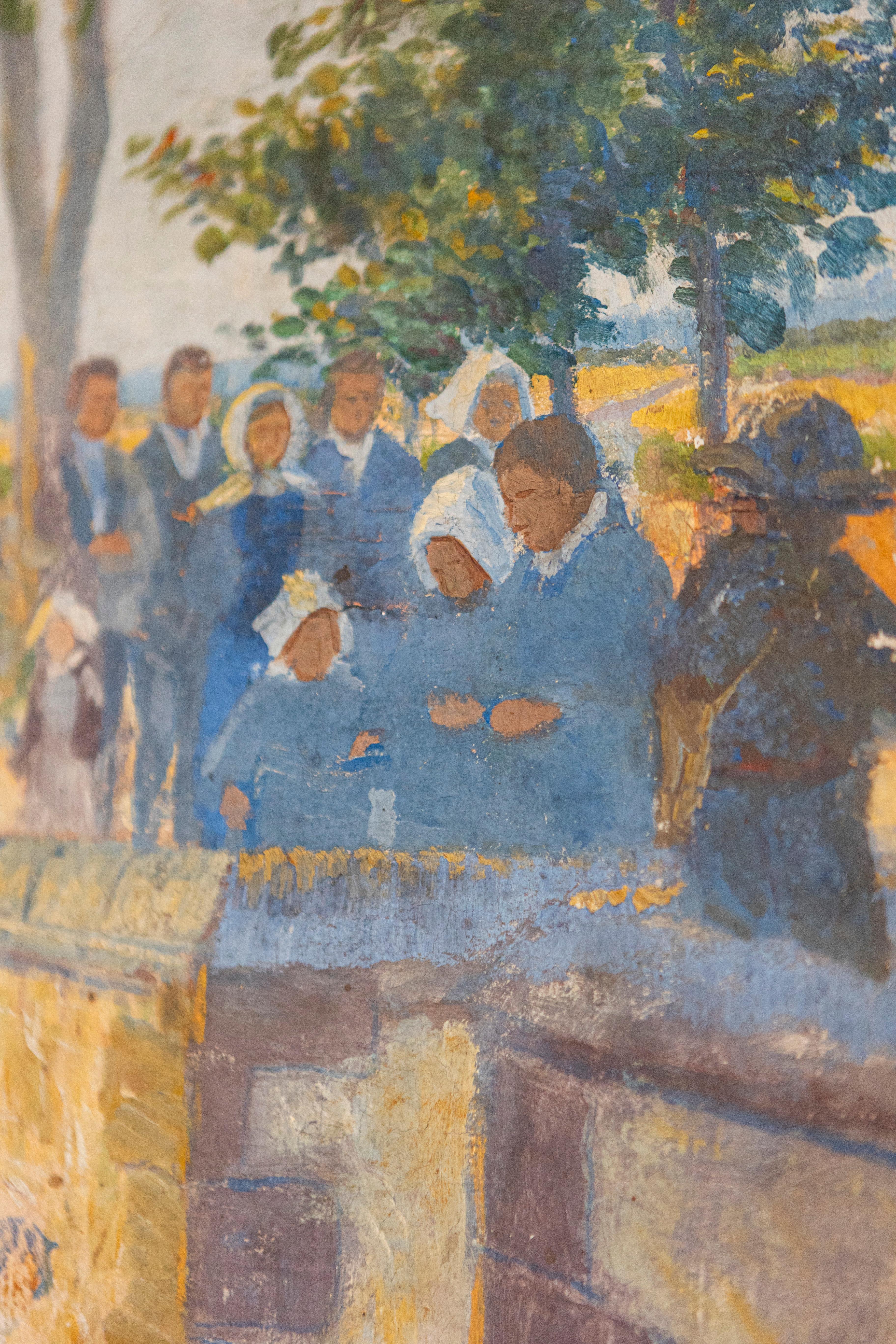 French 1890s Oil Provençal Painting of a Social Gathering in Shades of Blue For Sale 2