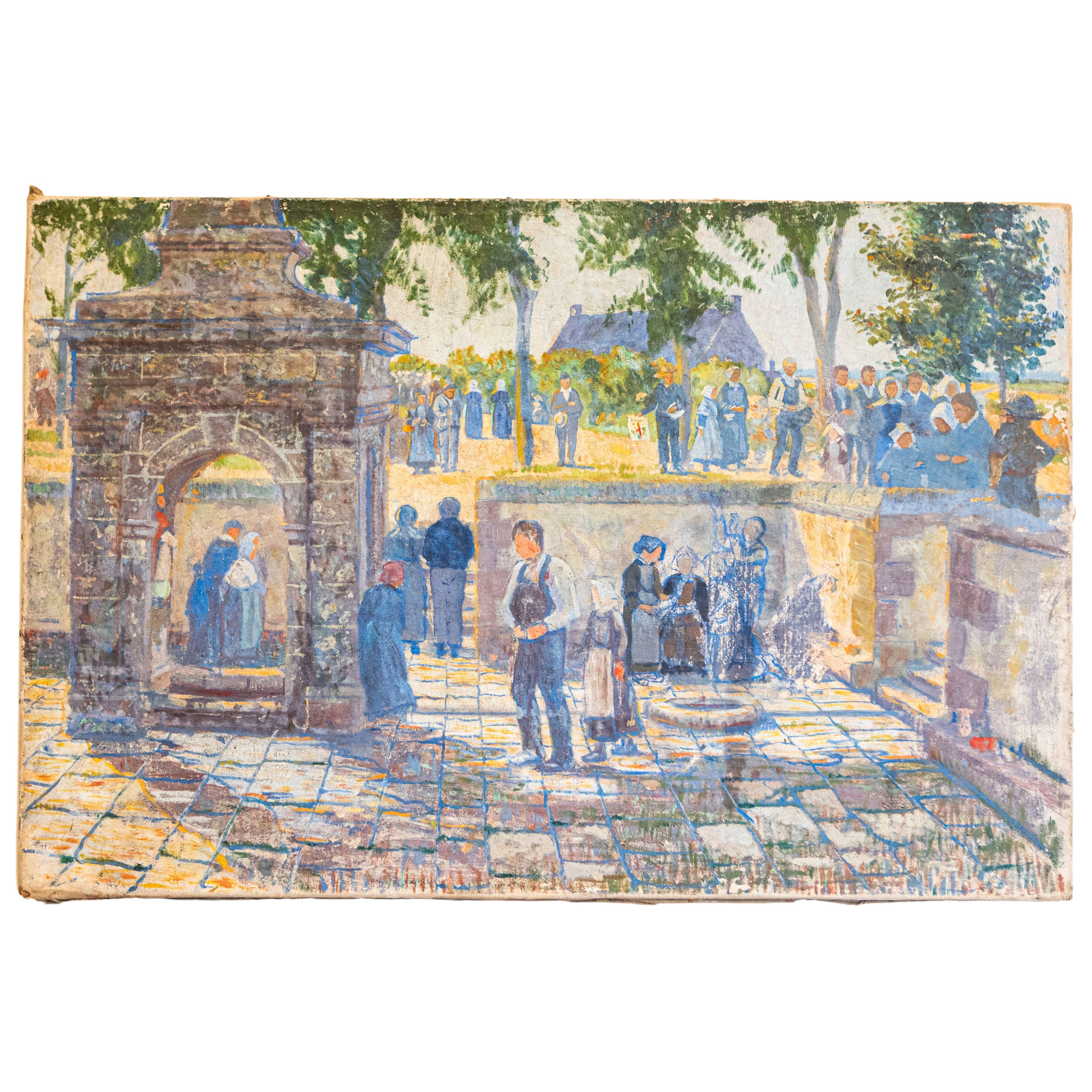 French 1890s Oil Provençal Painting of a Social Gathering in Shades of Blue