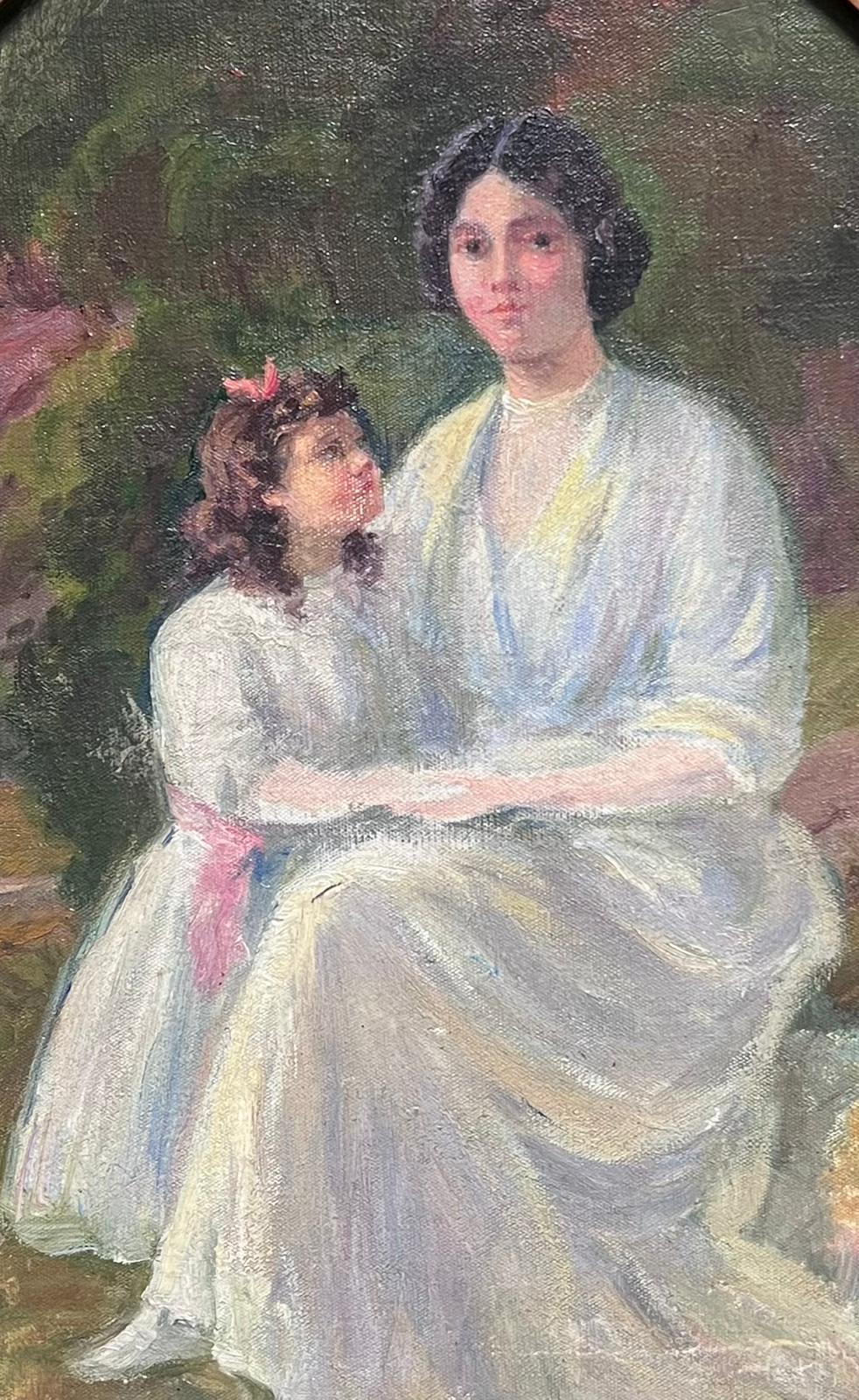 Charming Oval 19th Century French Signed Oil Mother & Daughter in Garden - Painting by French 1890's