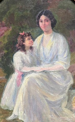 Charming Oval 19th Century French Signed Oil Mother & Daughter in Garden