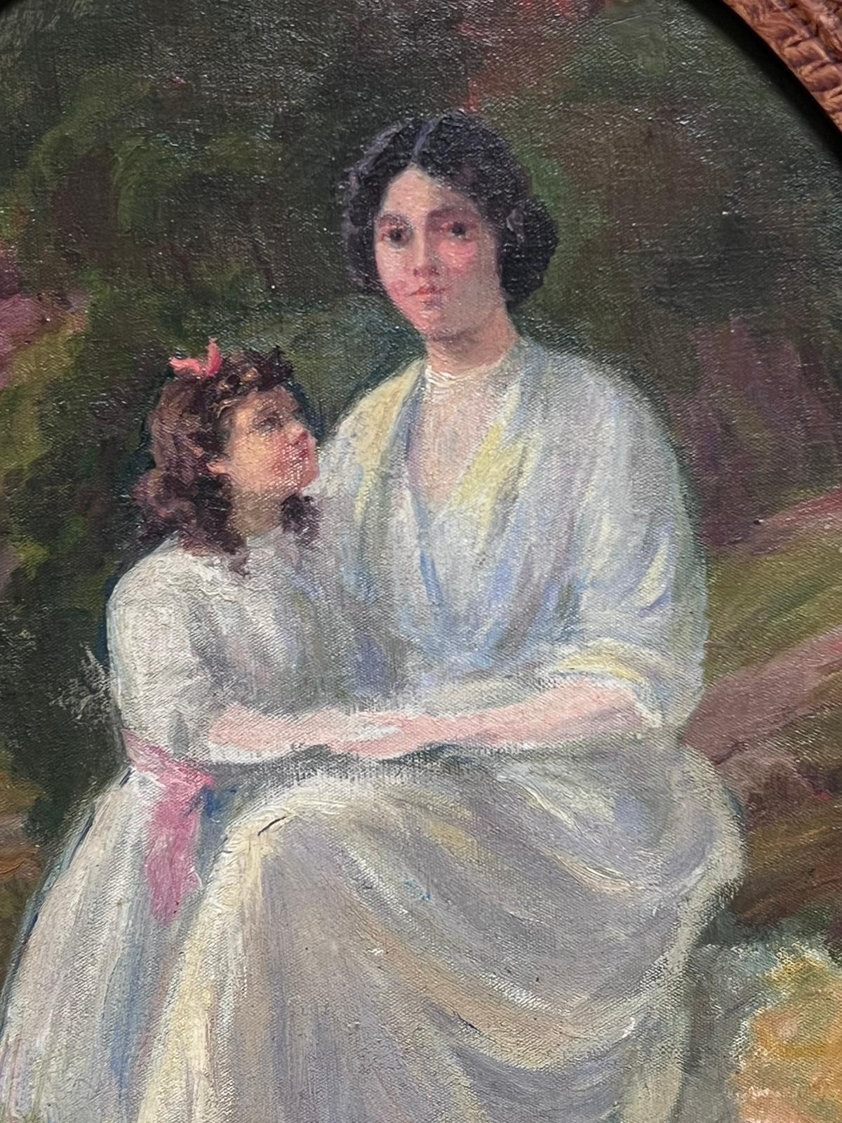Charming Oval 19th Century French Signed Oil Mother & Daughter in Garden - Black Portrait Painting by French 1890's