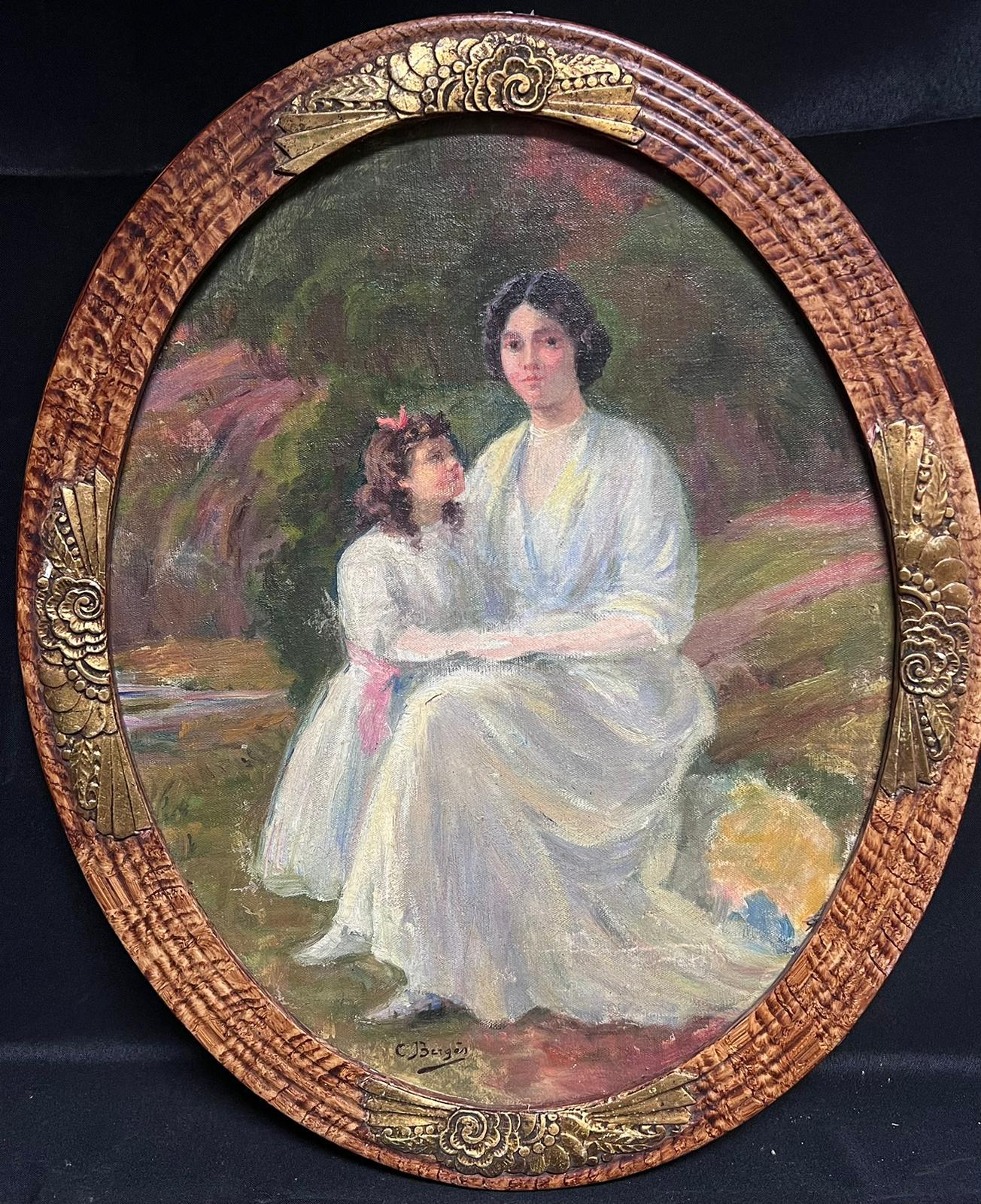 Charmant huile ovale du 19ème siècle signé, mère et fille dans le jardin