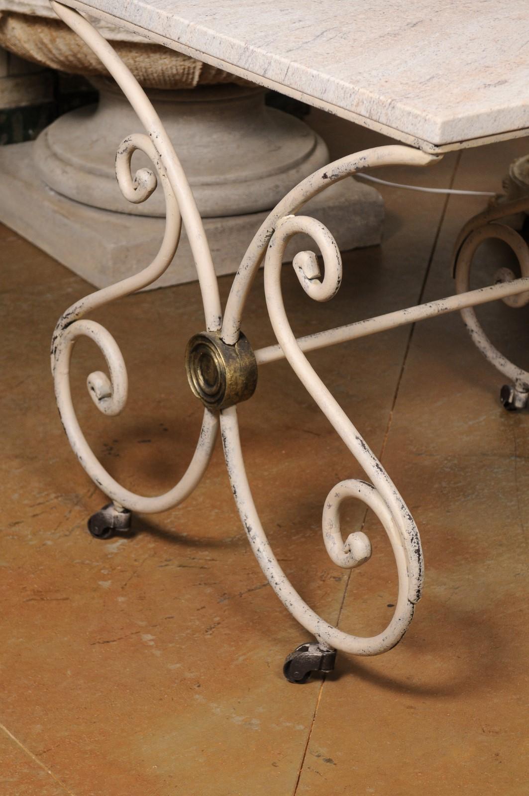 French 1890s Patisserie Table with Painted Iron Scrolling Base and Stone Top In Good Condition For Sale In Atlanta, GA