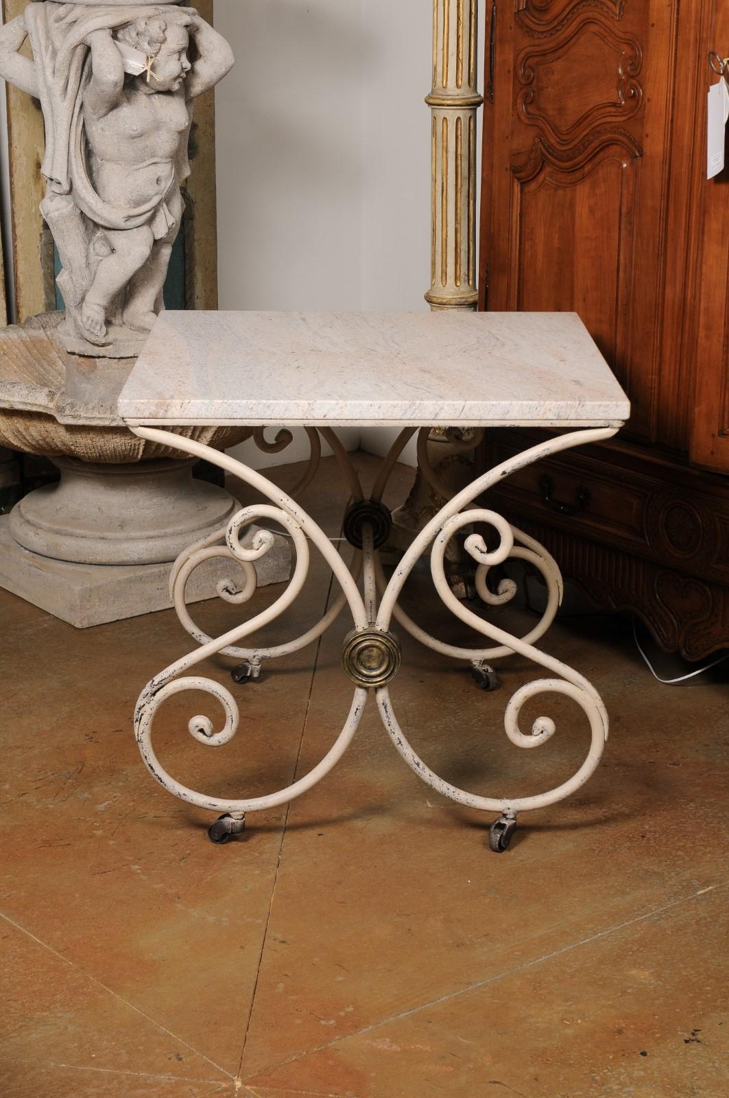 French 1890s Patisserie Table with Painted Iron Scrolling Base and Stone Top For Sale 1