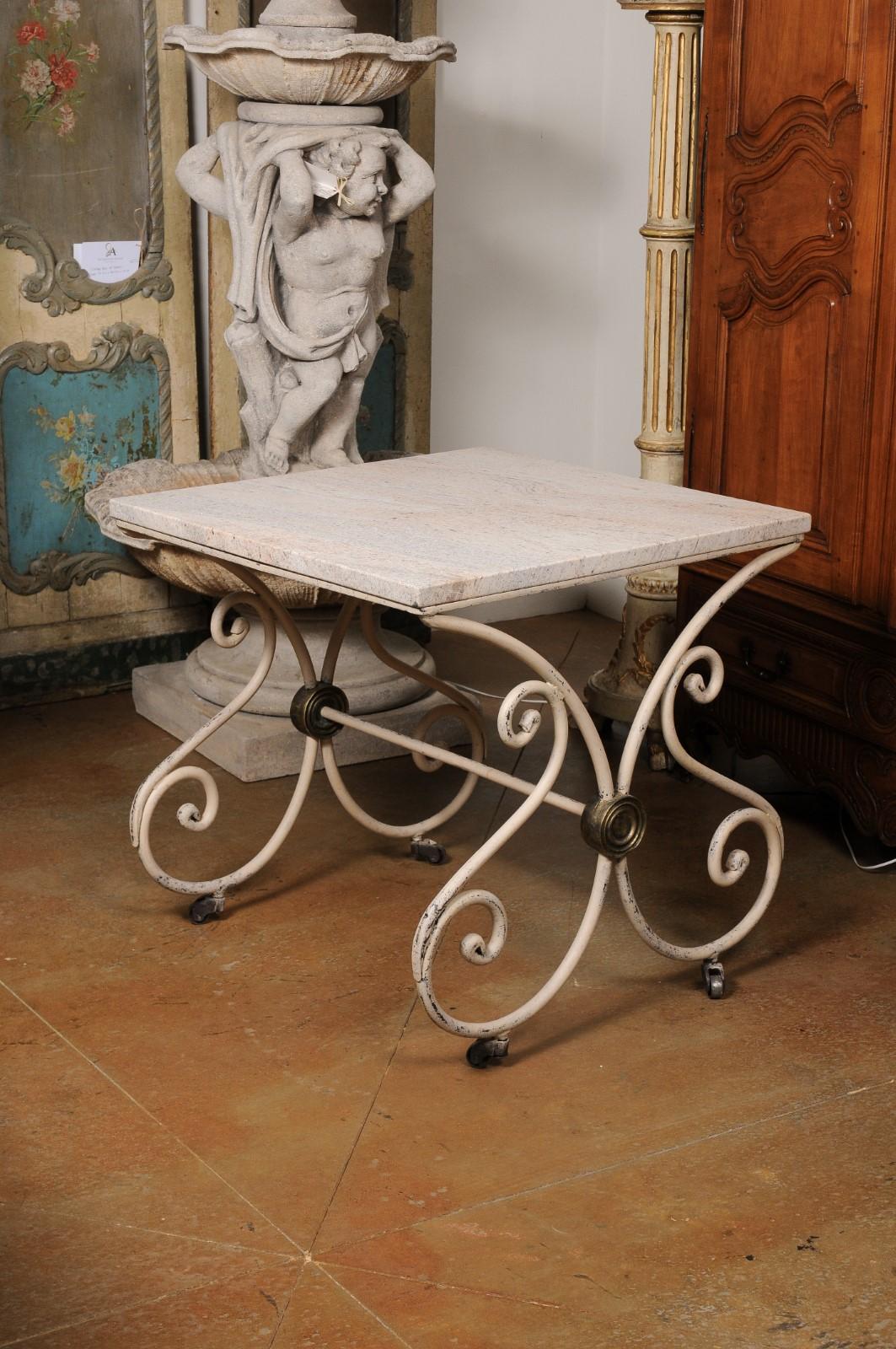 French 1890s Patisserie Table with Painted Iron Scrolling Base and Stone Top For Sale 2