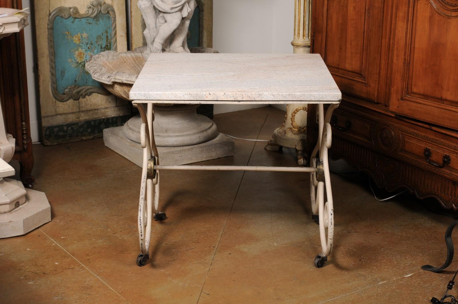 French 1890s Patisserie Table with Painted Iron Scrolling Base and Stone Top For Sale 3
