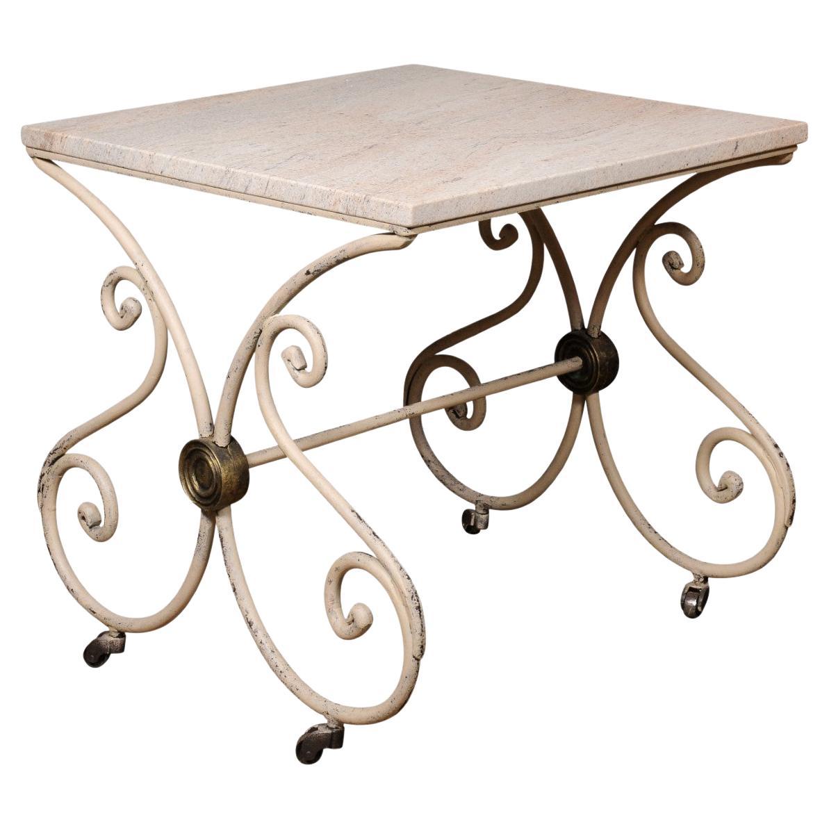 Table de Patisserie française des années 1890 avec base en fer peint à volutes et plateau en pierre en vente