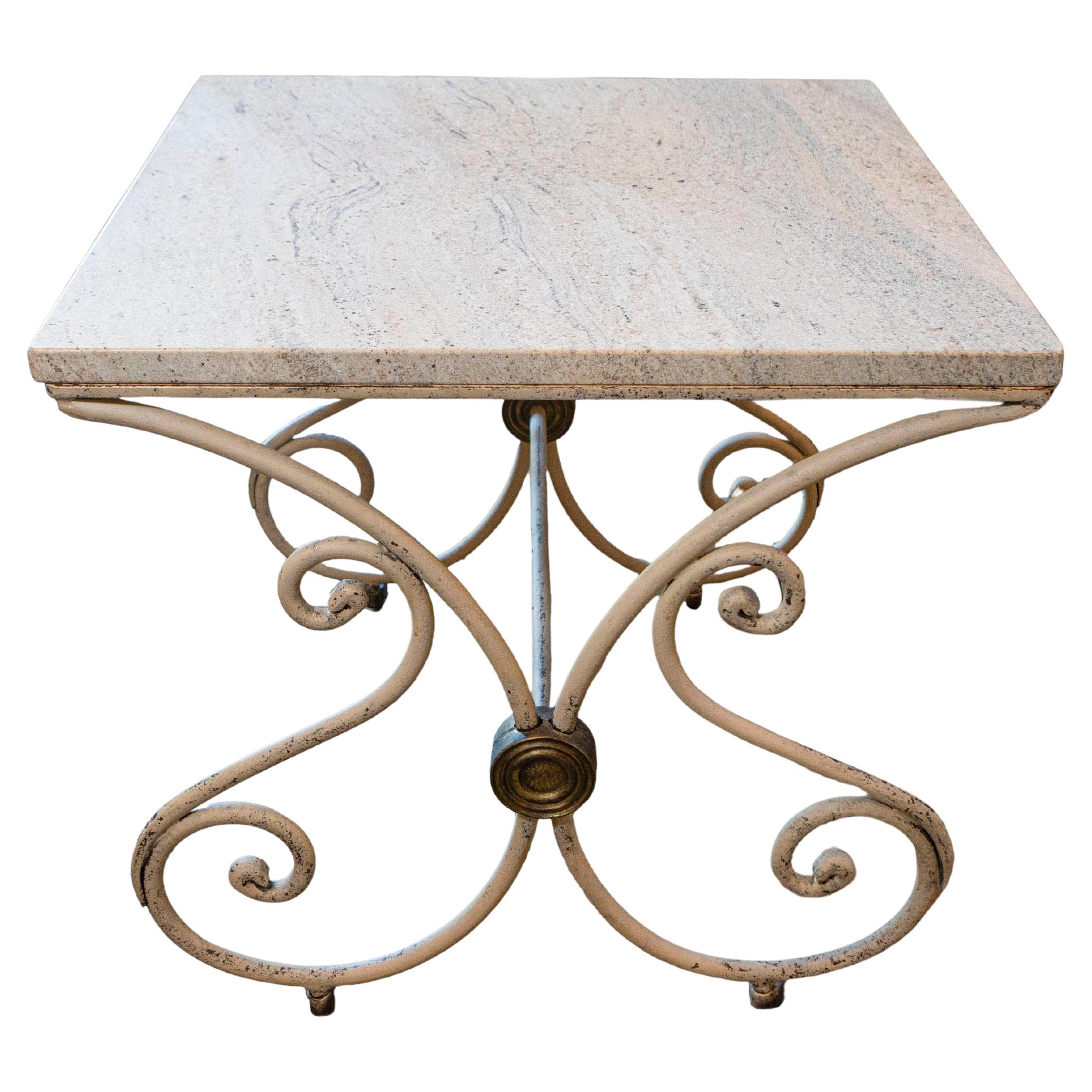 French 1890s Patisserie Table with Painted Iron Scrolling Base and Stone Top