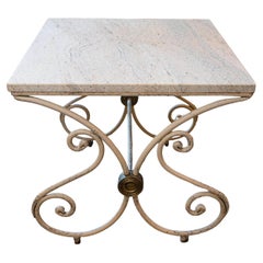 French 1890s Patisserie Table with Painted Iron Scrolling Base and Stone Top