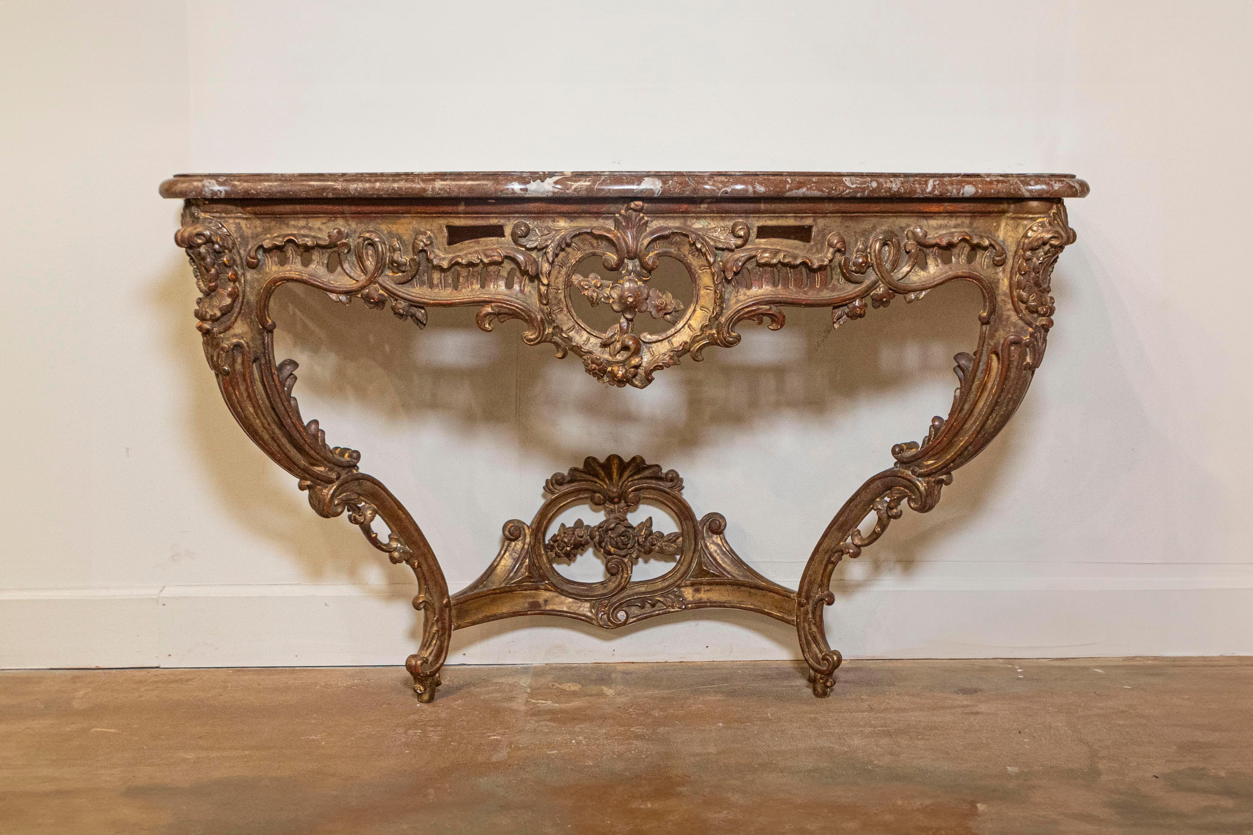 Rococo Table console en bois doré sculpté à décor floral, style rococo français des années 1890 en vente