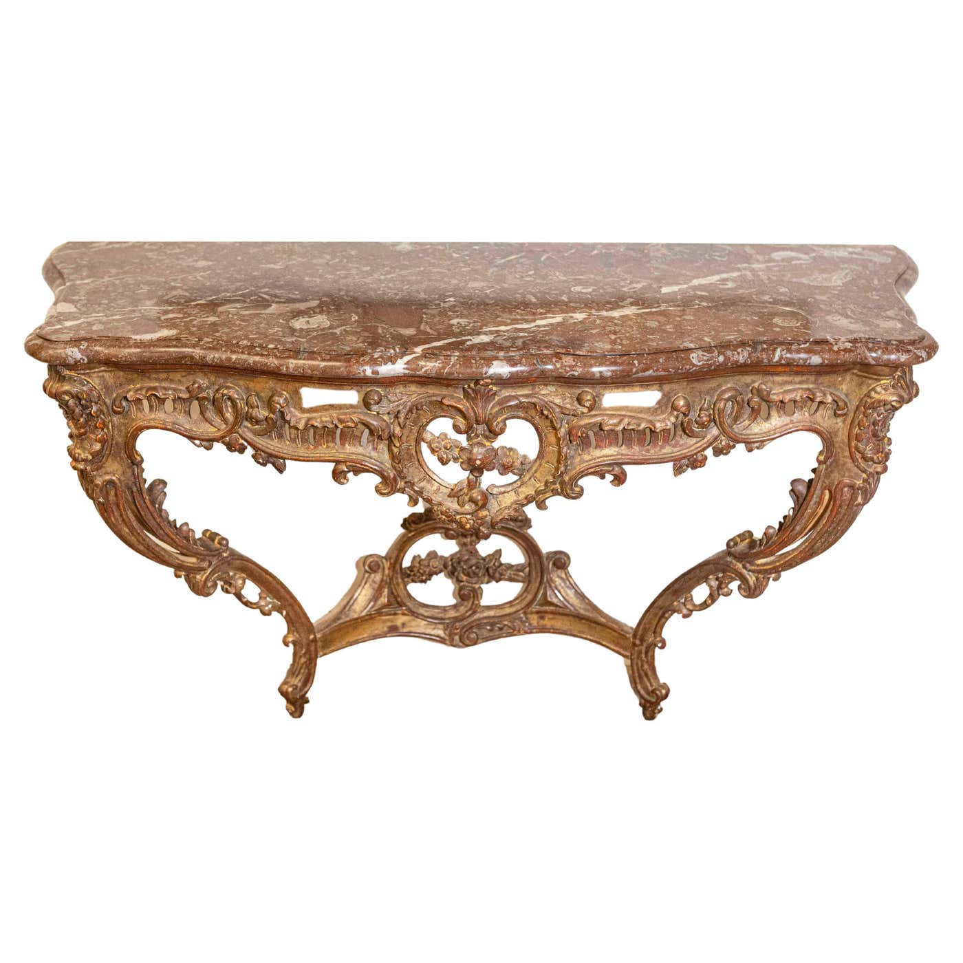 French 1890s Rococo Style Carved Giltwood Console Table with Floral ...