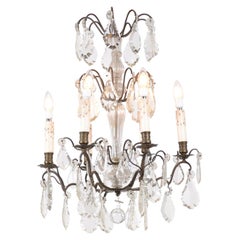 Antique French 1890s Six-Light Crystal and Iron Chandelier with Pendeloques and Rosettes