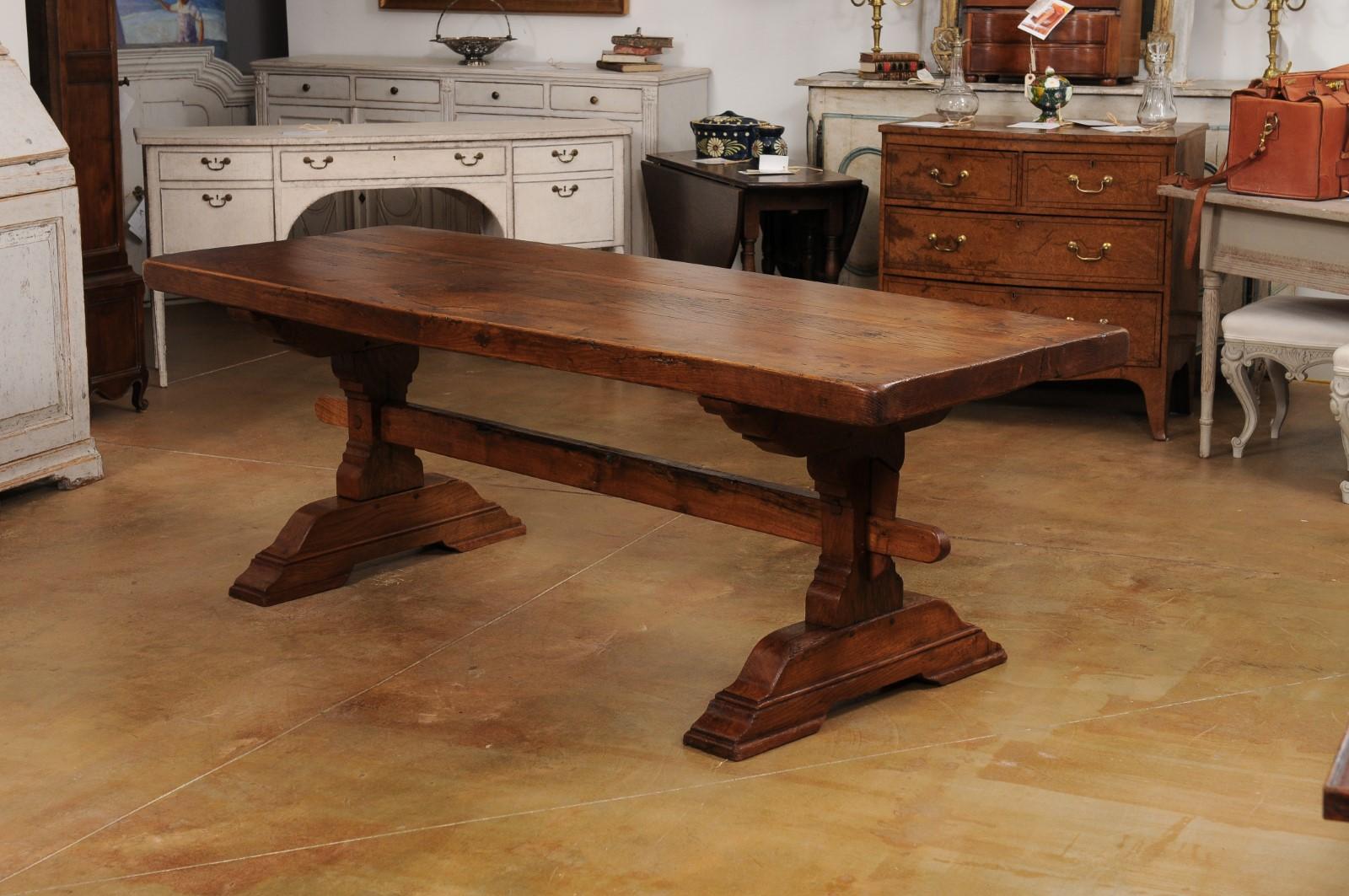 French 1890s Solid Oak Long Monastery Table with Trestle Base  6