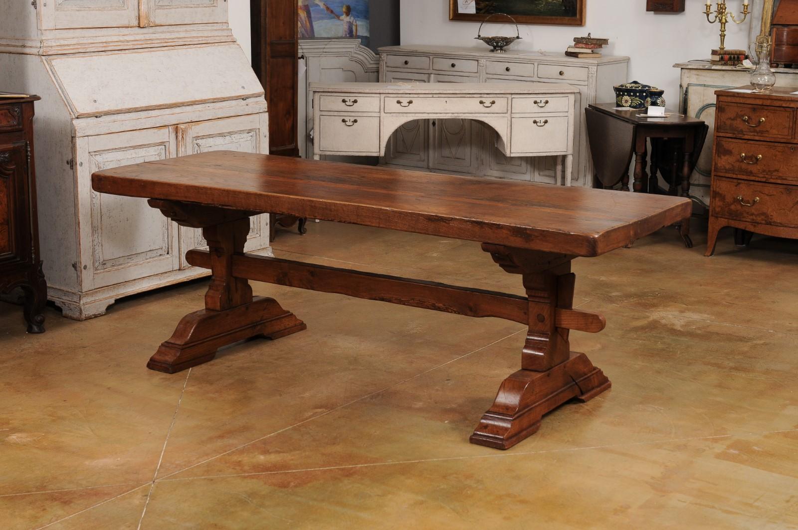 French 1890s Solid Oak Long Monastery Table with Trestle Base  2