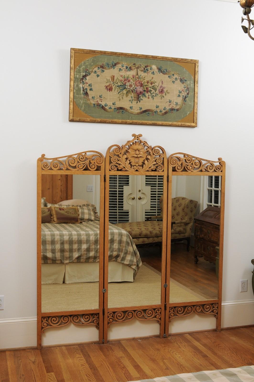 Swedish French 1890s Three-Part Carved and Mirrored Dressing Screen with Sun Mascaron