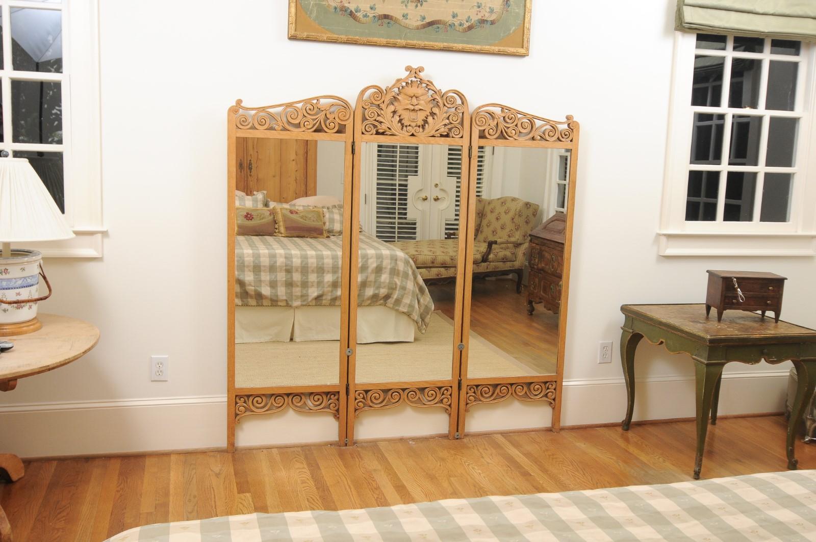 19th Century French 1890s Three-Part Carved and Mirrored Dressing Screen with Sun Mascaron