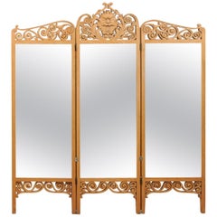 French 1890s Three-Part Carved and Mirrored Dressing Screen with Sun Mascaron